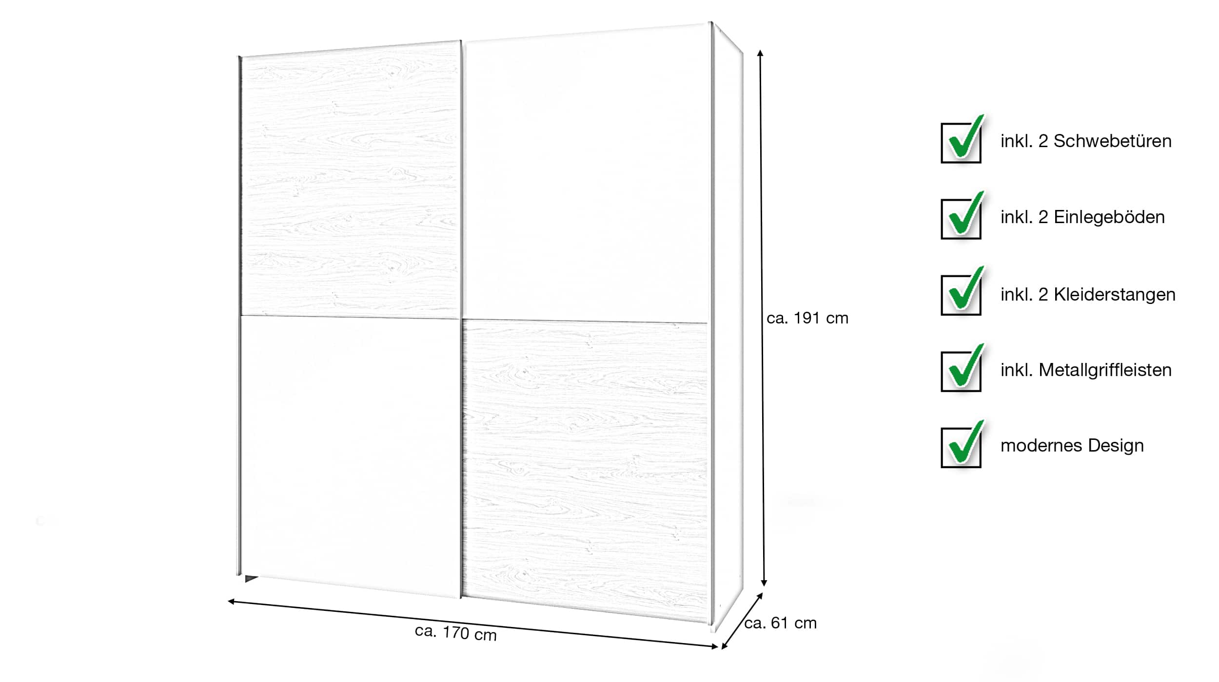 Schwebetürenschrank Eiche 170 cm 2-türig - SCHACH&MATT