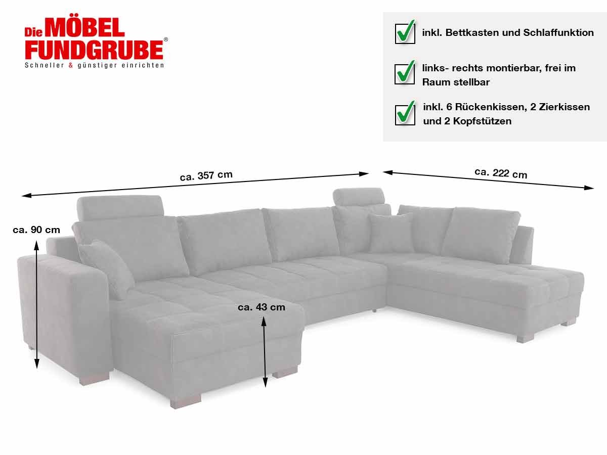 Wohnlandschaft mit Schlaffunktion grau Bettkasten 357  cm - ANTEGO
