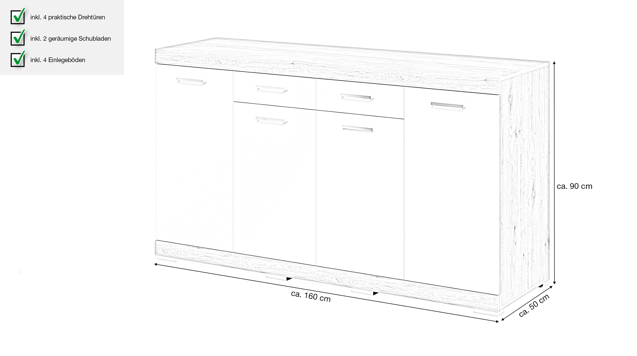 Kommode weiß Artisan Eiche 160 x 50 cm - 2 Schubladen - BRISTOL
