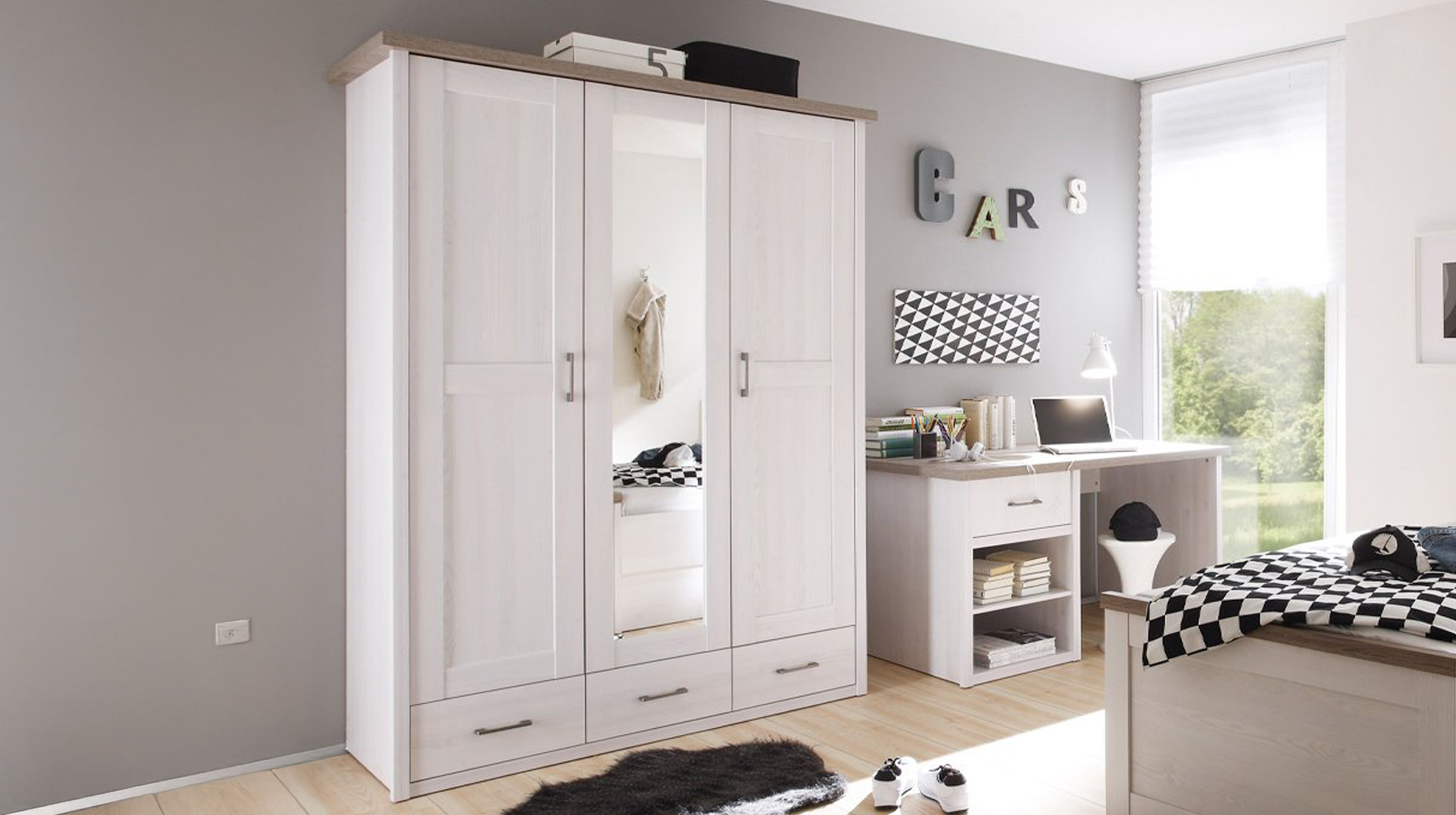 Kleiderschrank mit Spiegel 148 cm Pinie weiß 3-türig - LUCA