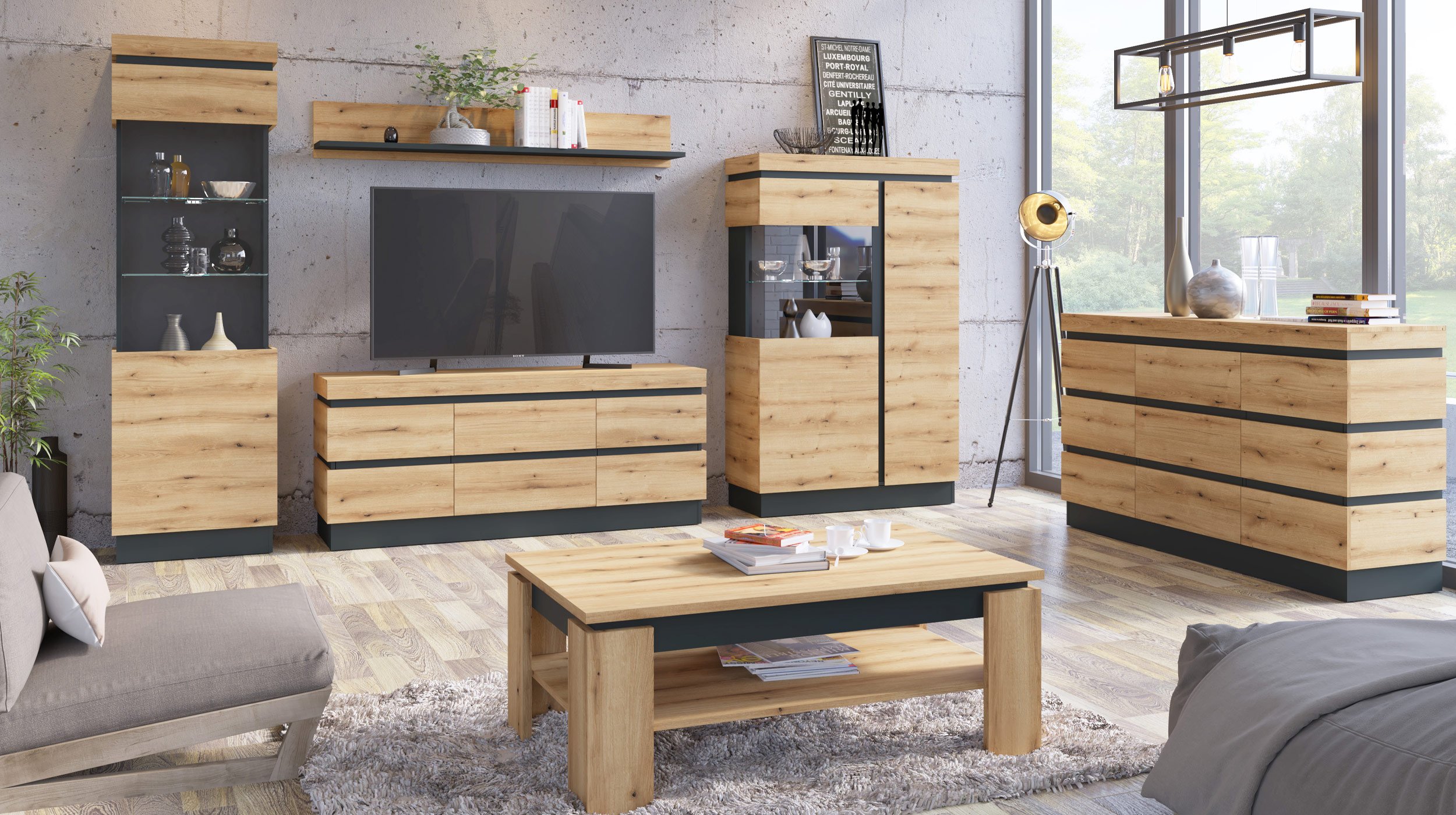 Vitrine mit Glastür Coast Evoke Eiche - grau Breite 103 cm - CORTE