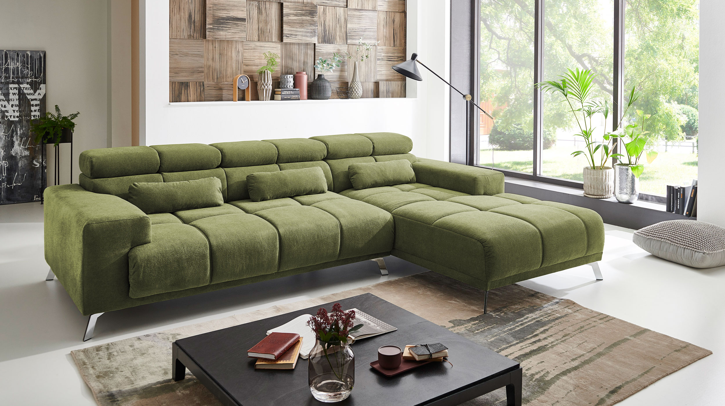 Ecksofa grün ausziehbar - Sitztiefenverstellung 285 cm - OT rechts - SPEED