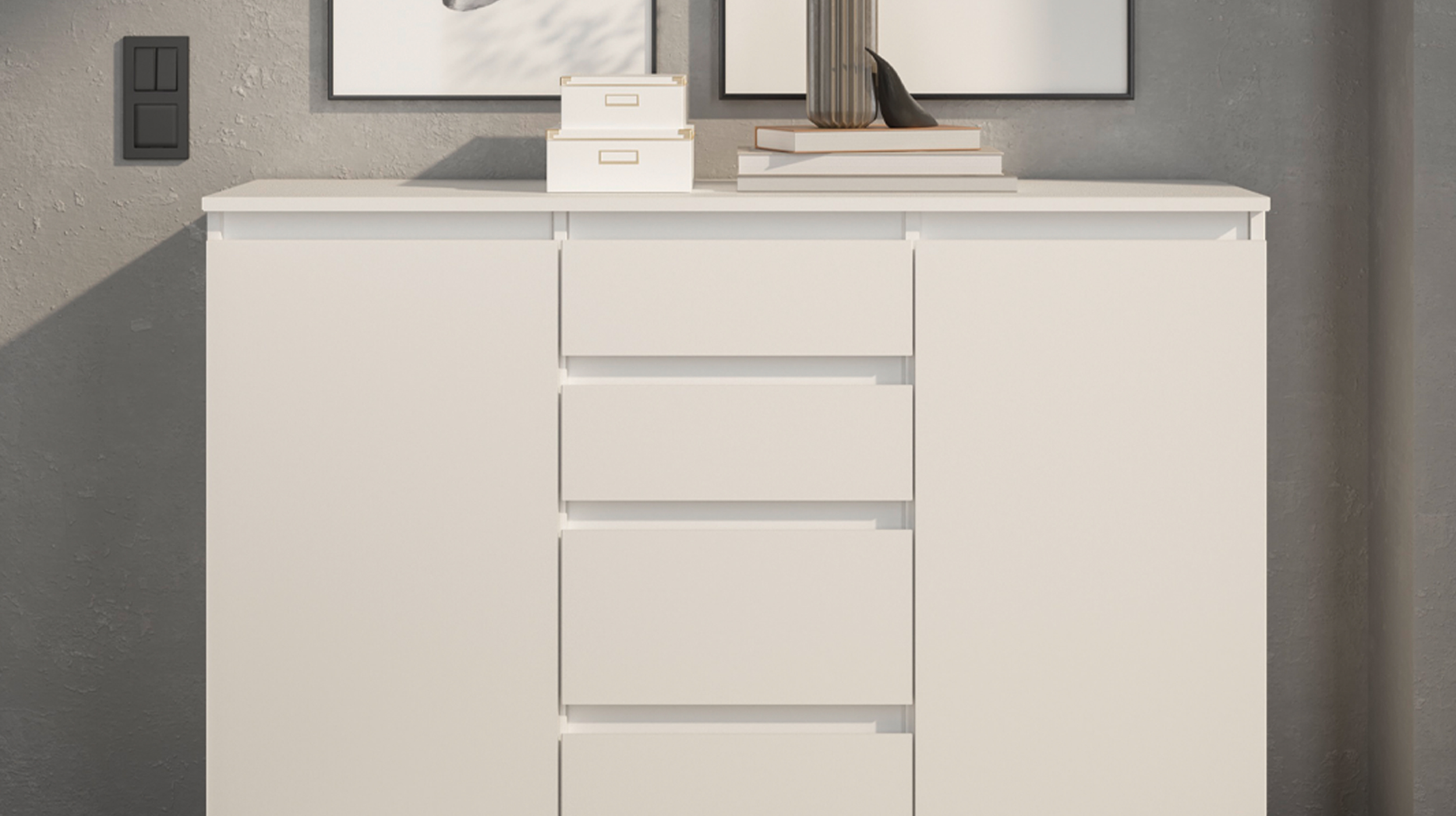 Kommode mit 4 Schubladen weiß 119 x 35 cm - 2-türig - BRESTA