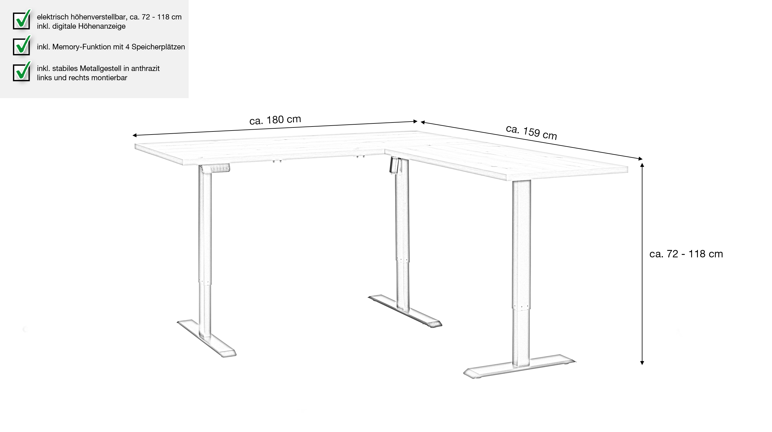 Eckschreibtisch höhenverstellbar Artisan Eiche 180 cm - ENERGIA