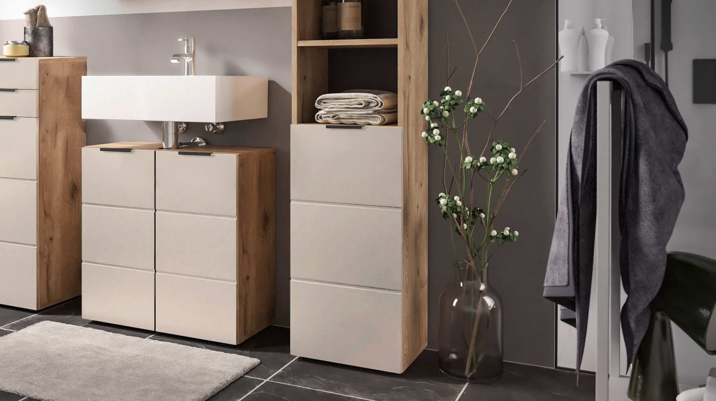 Bad Hochschrank Viking Eiche - beige 2 Türen Breite 34 cm - KRETA