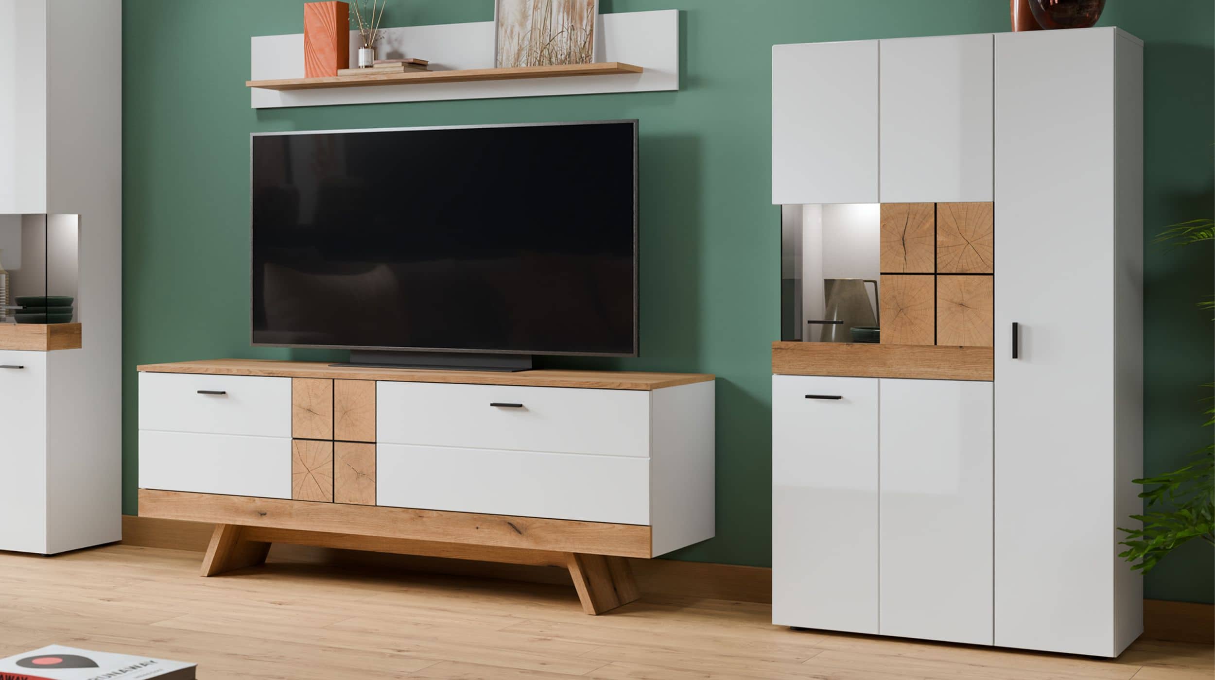 Highboard mit Glastür weiß Hochglanz - Eiche 82 cm - ORETA