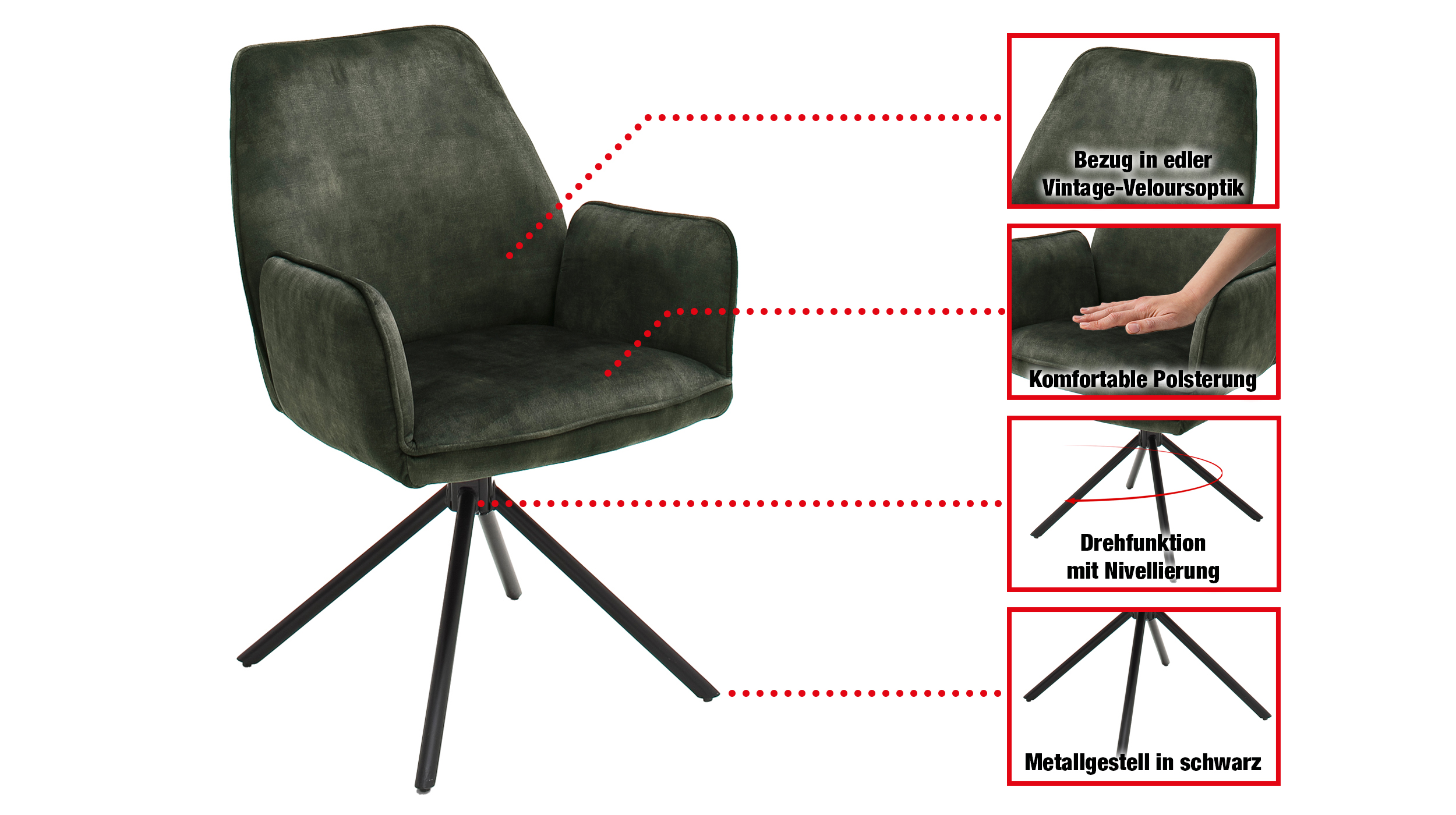 Armlehnstuhl olive Drehstuhl Veloursoptik - OTTAWA