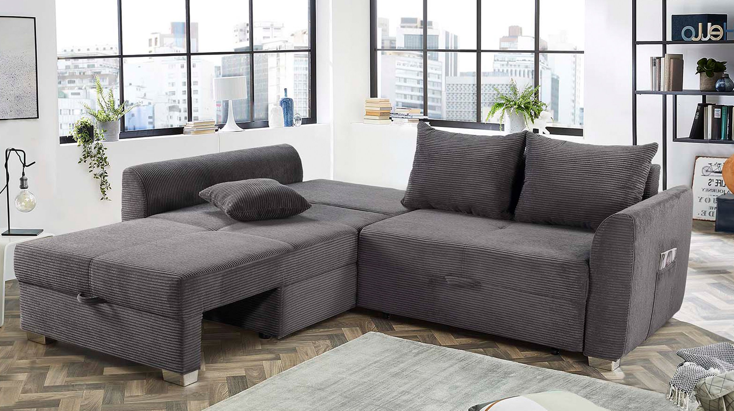 Ecksofa Cord grau Schlaffunktion Bettkasten 236 cm- BOOMER