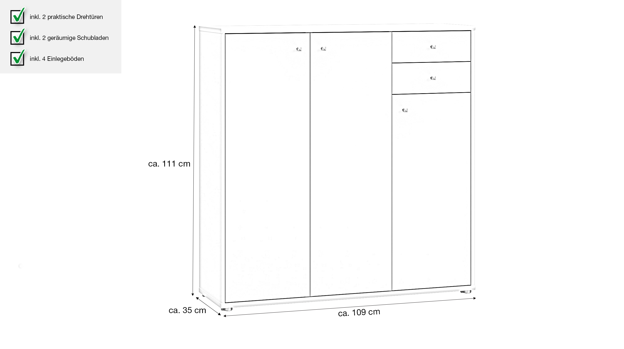 Kommode mit Schubladen weiß 111 cm - TEMPRA