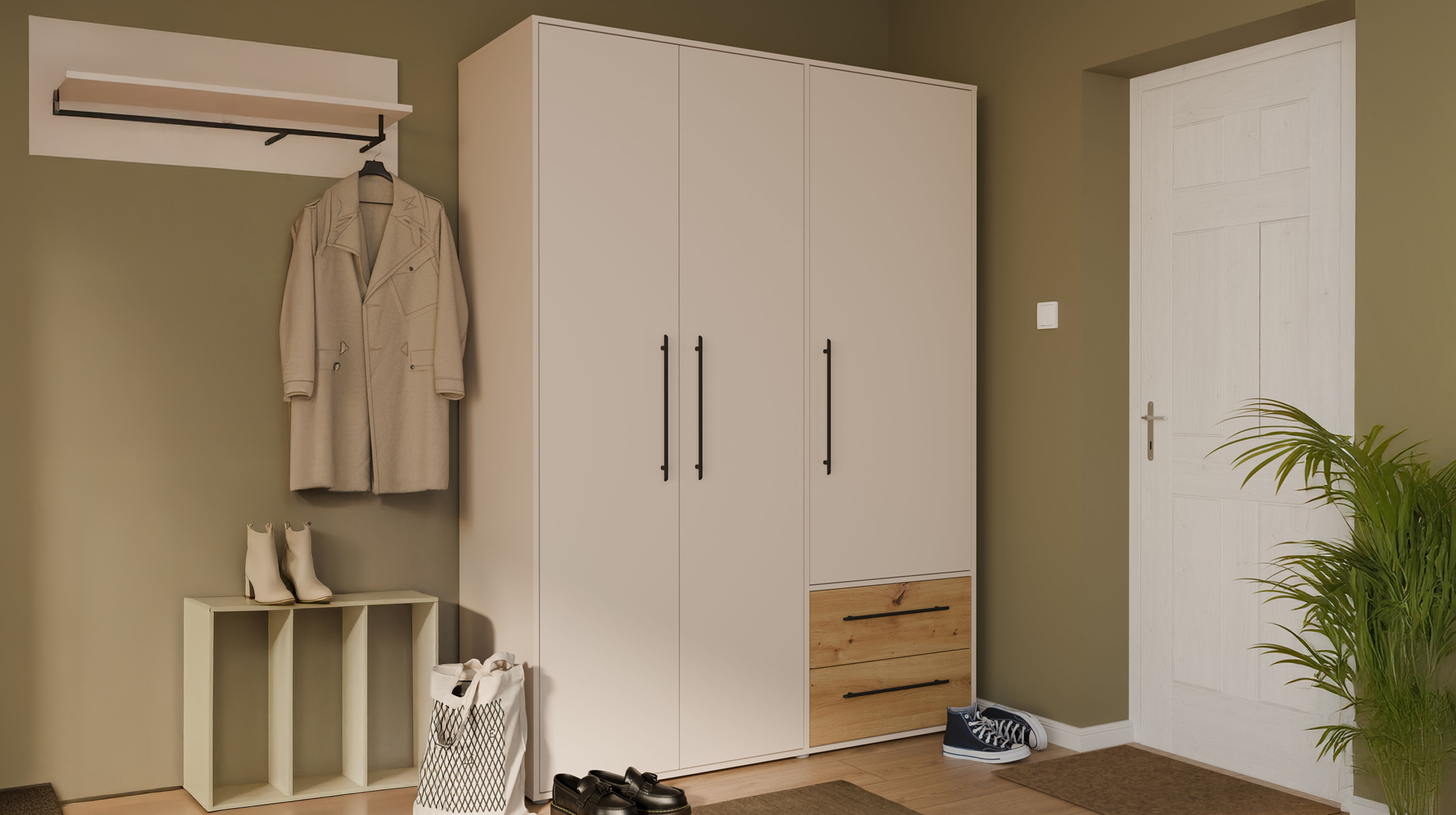 Kleiderschrank beige Artisan Eiche - 144 cm - 3 Türen - MOKKARIS