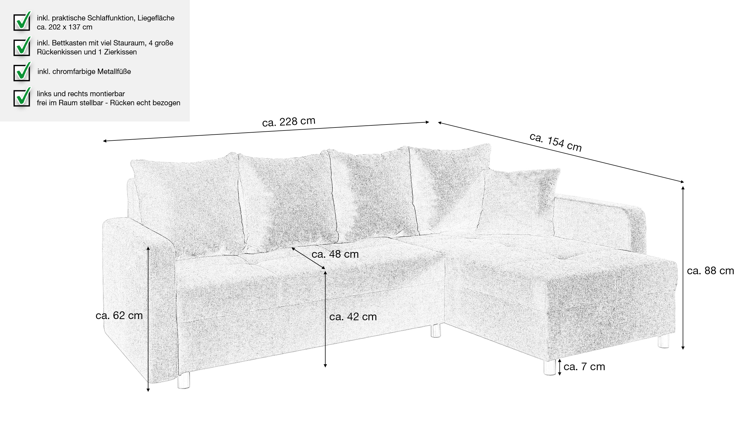 Ecksofa mit Schlaffunktion anthrazit 228 cm Bettkasten - KAPPELN