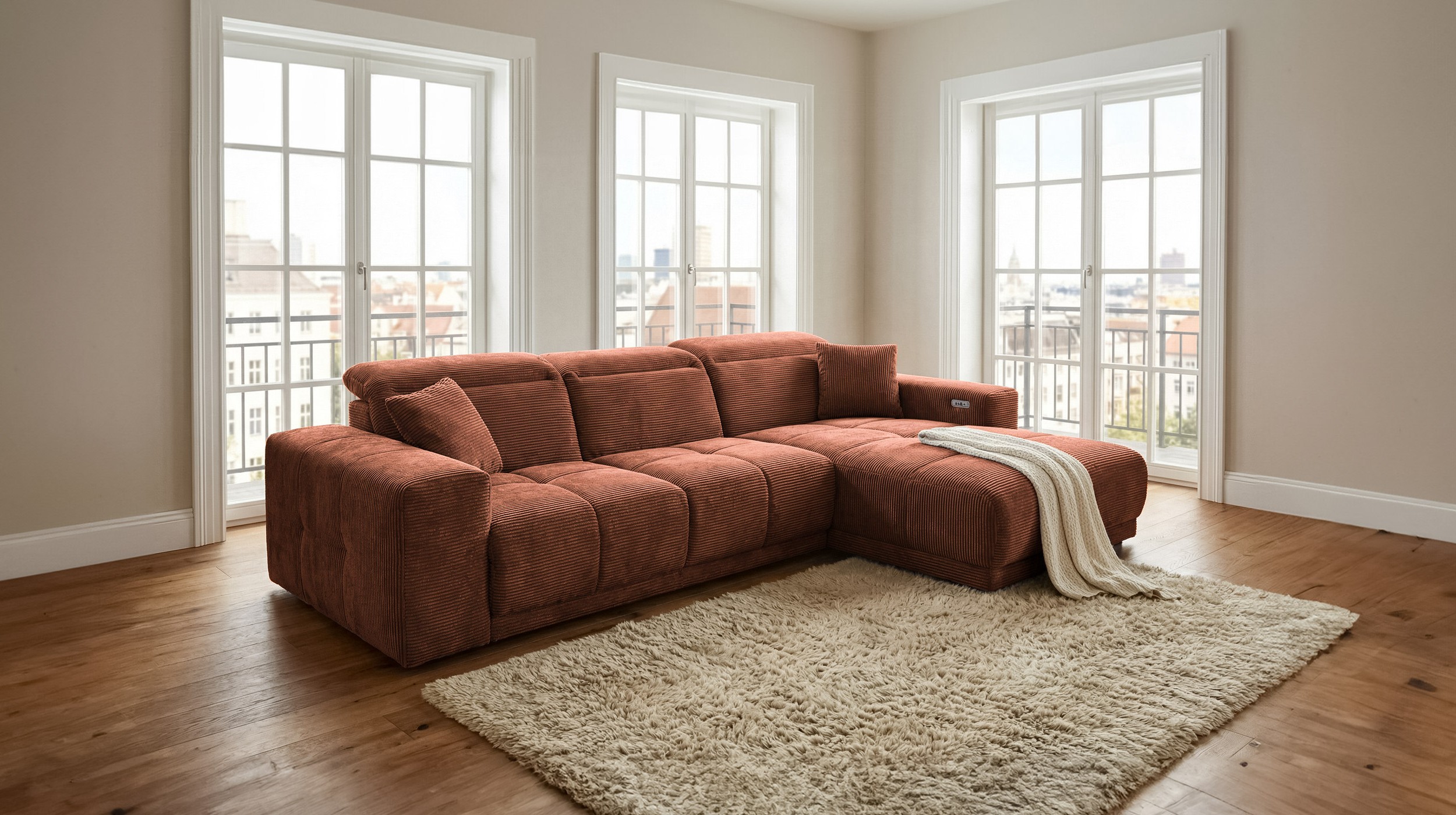 Ecksofa Cord rost 302 x 167 cm mit Relaxfunktion - OT rechts - TONI