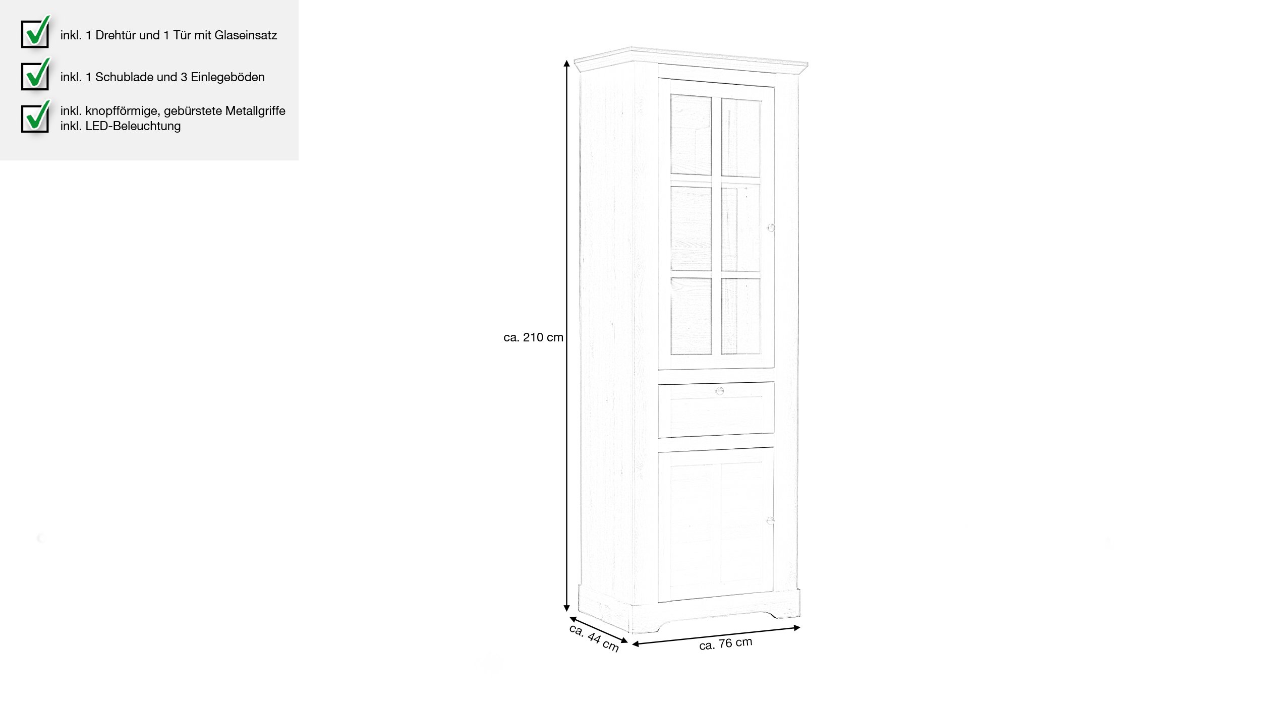 Vitrine mit Beleuchtung Schneeeiche - weiß Breite 76 cm - ILOPPA