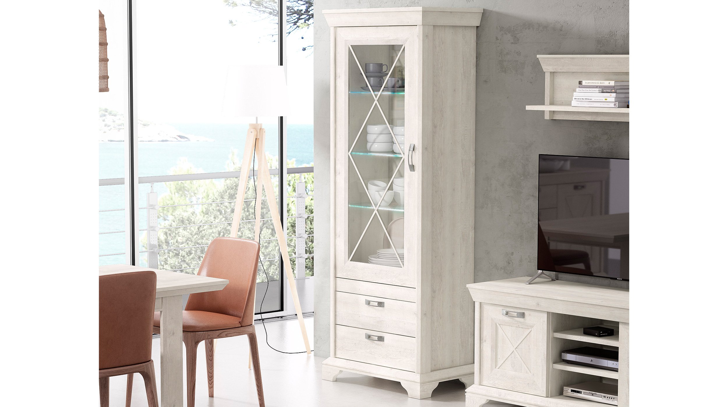 Vitrine mit Glastür Pinie weiß Breite 78 cm - KASHMIR