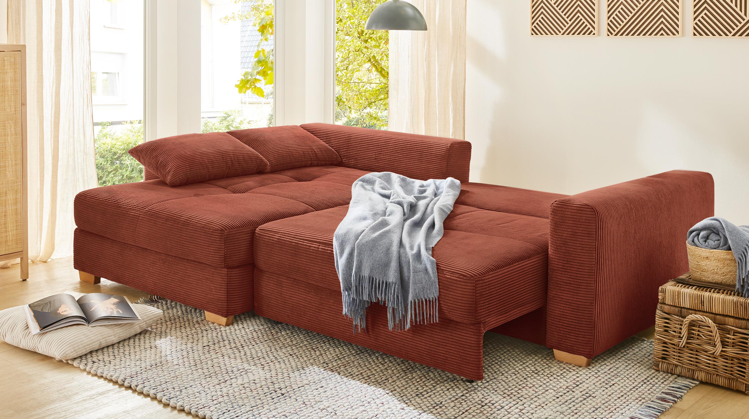 Ecksofa Cord rost Schlaffunktion Bettkasten 288 x 186 cm - KAMPEN