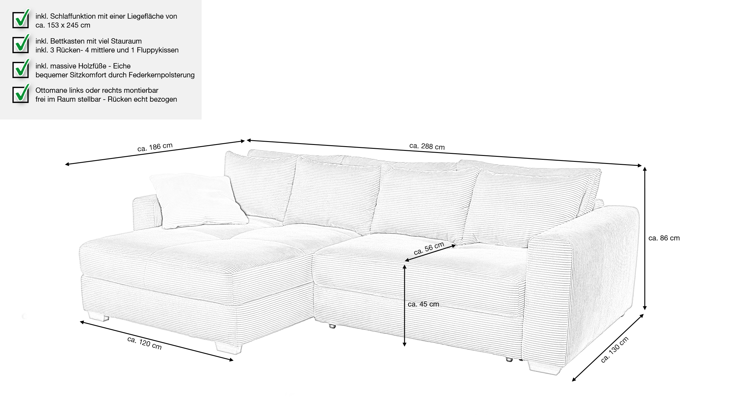 Ecksofa Cord grün Schlaffunktion Bettkasten 288 x 186 cm - KAMPEN