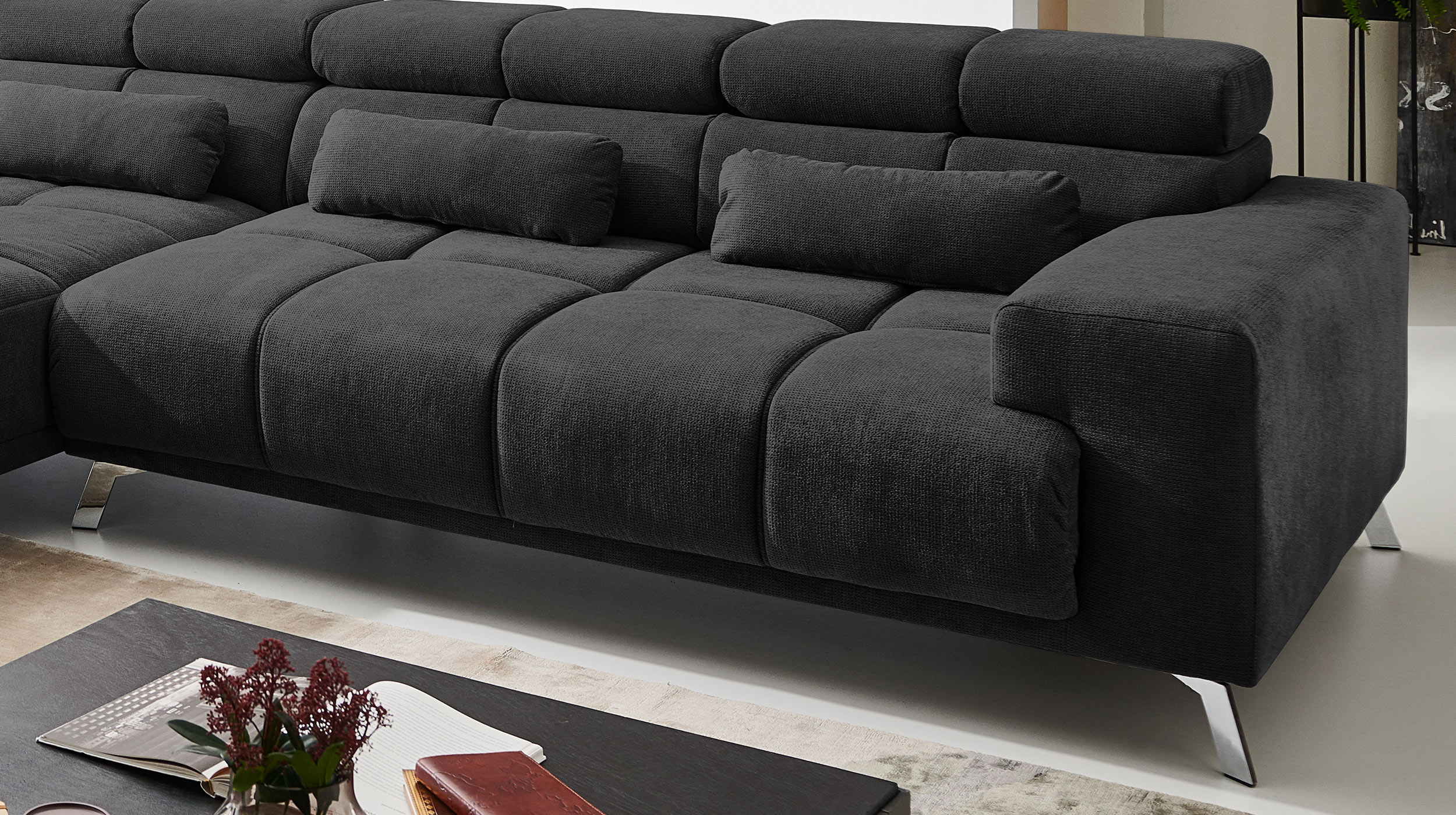 Ecksofa schwarz ausziehbar - Sitztiefenverstellung 285 cm - OT links - SPEED