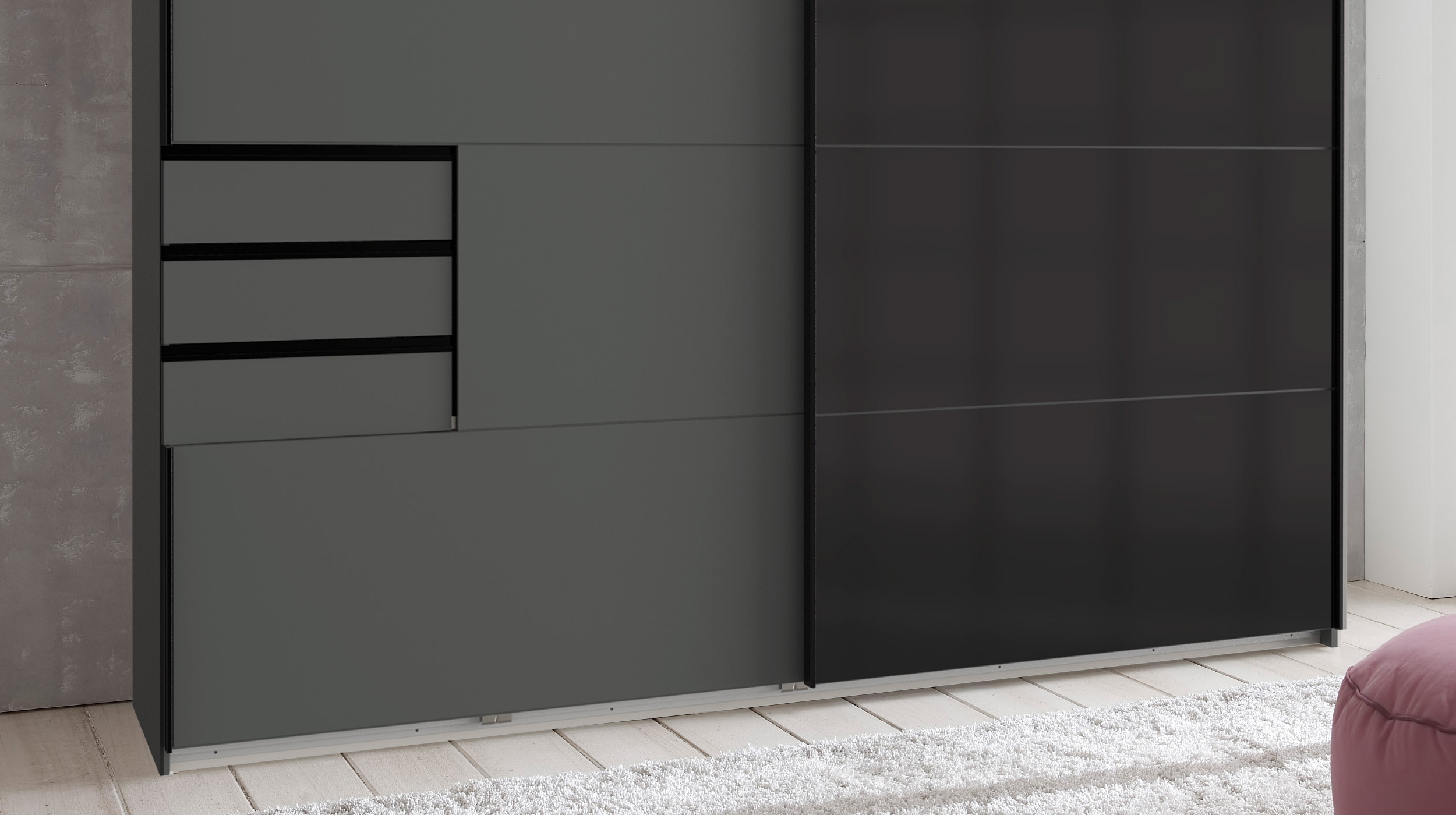 Schwebetürenschrank graphit - schwarz - Glasfront - 225 cm - SAIGON