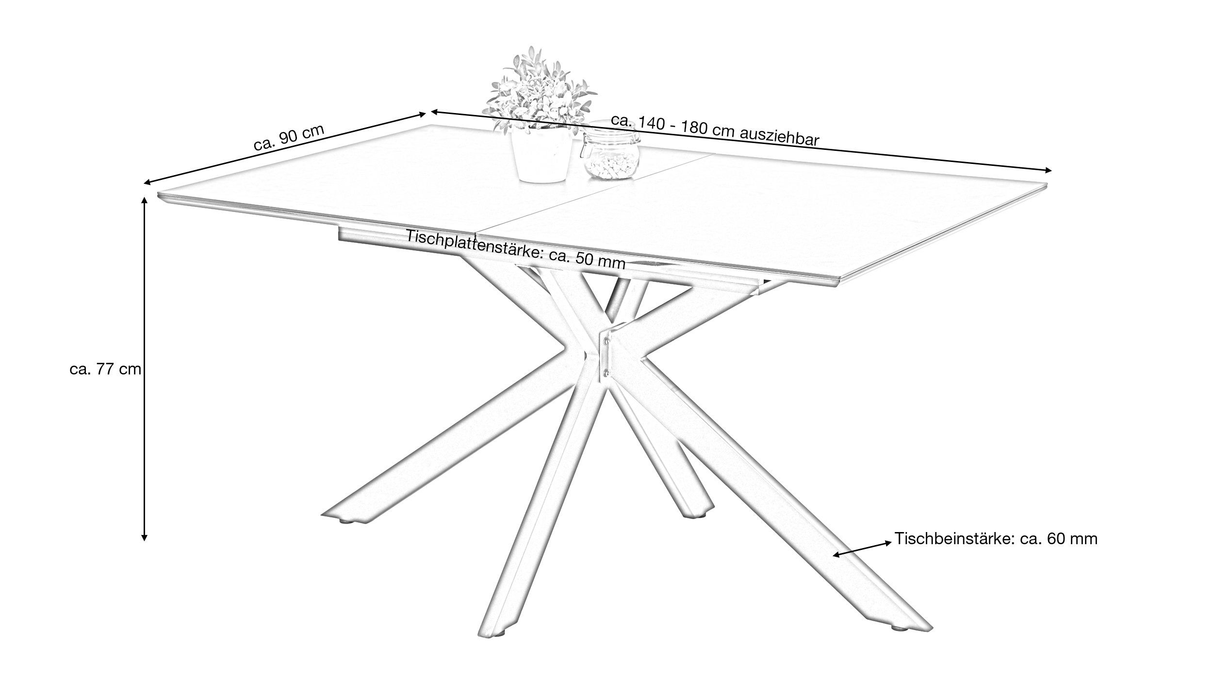 Esstisch 140 - 180 cm ausziehbar Keramikoptik Glas - JORUNN