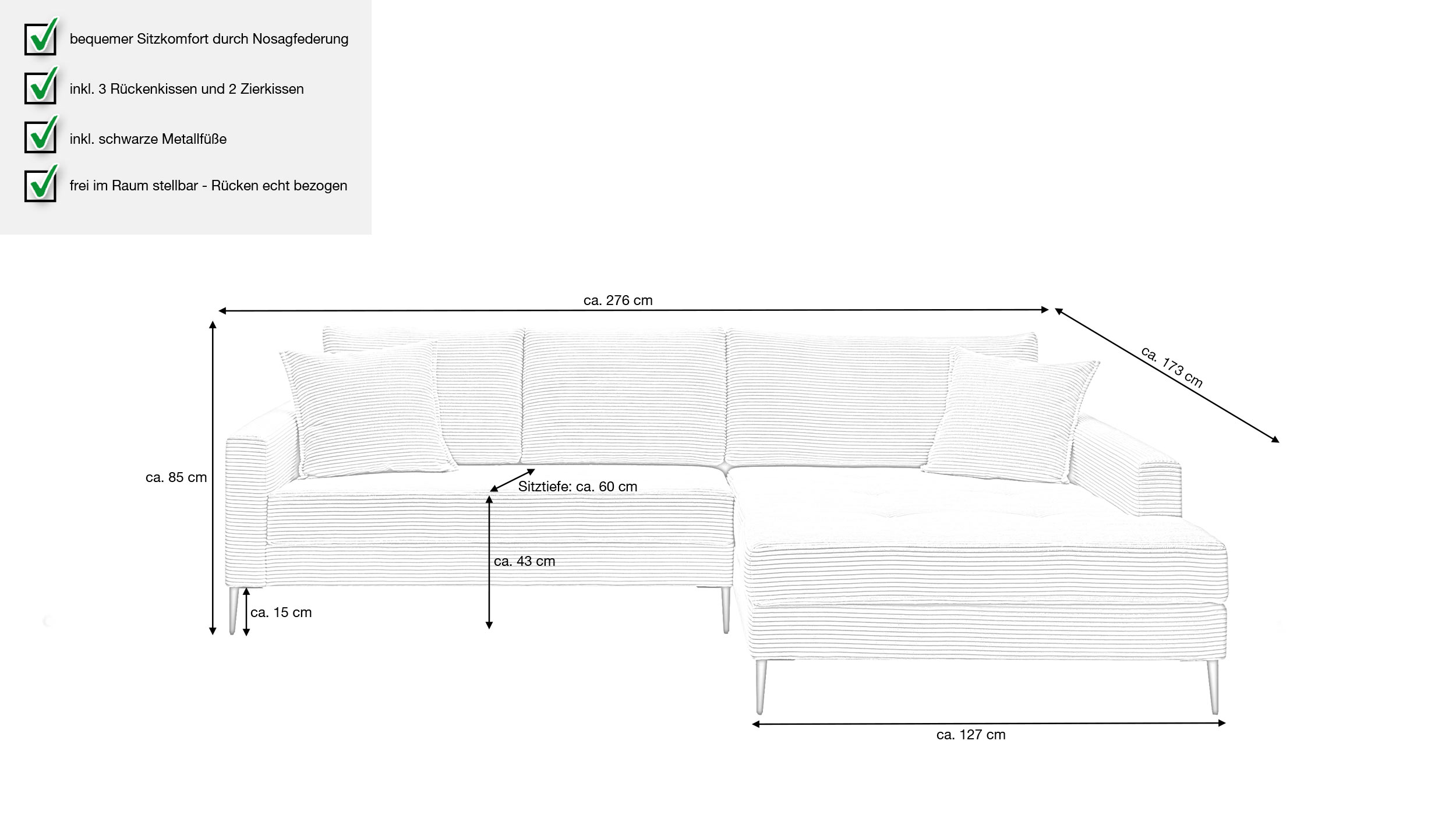 Ecksofa Cord grau 276 x 173 cm - OT rechts - SUMMER