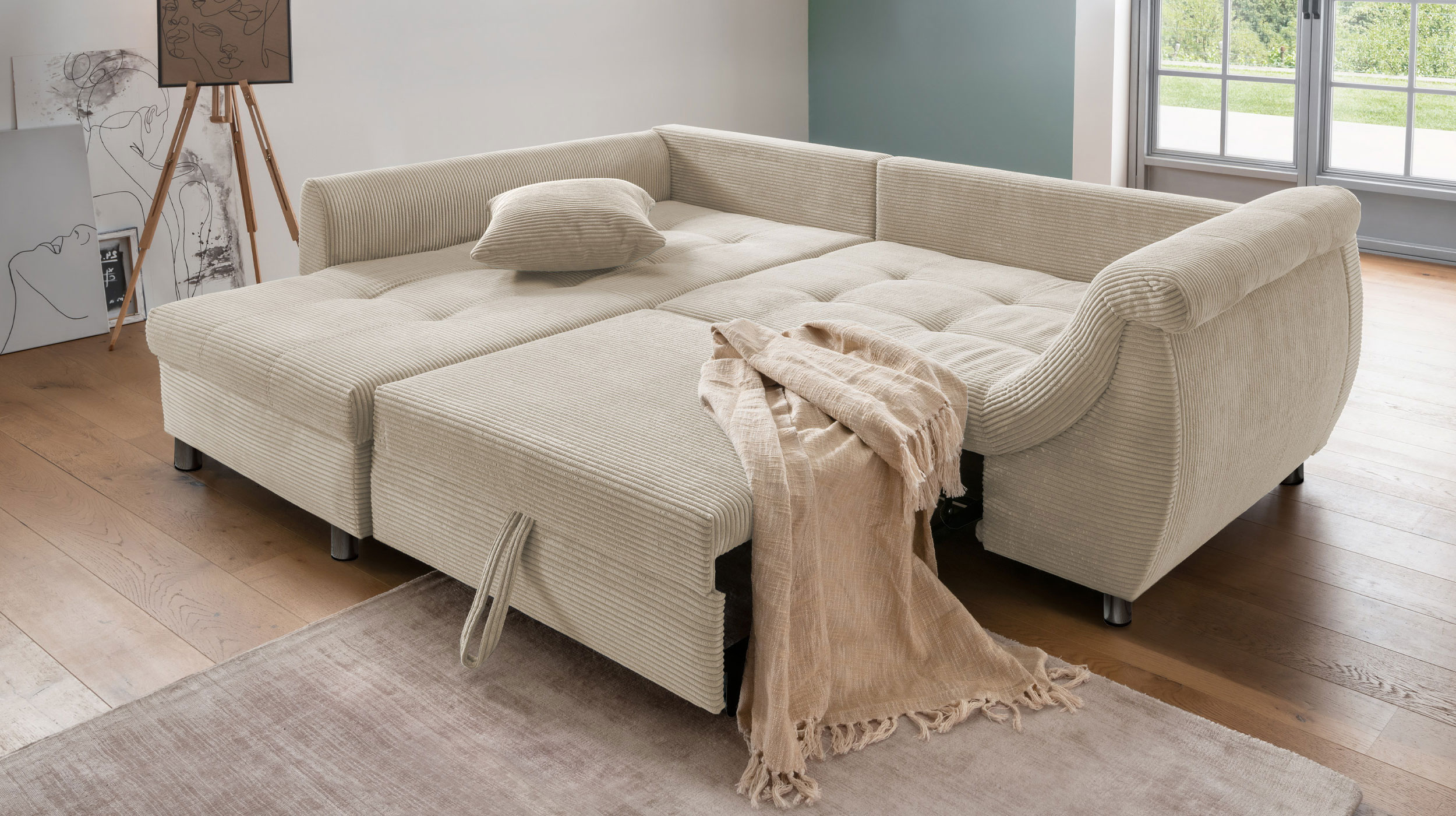 Ecksofa Cord beige Schlaffunktion Bettkasten OT links - LUNARO