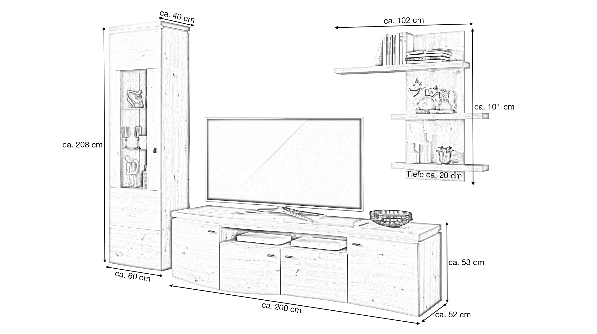 Wohnwand Artisan Eiche 301 cm - Beleuchtung - RONDO 