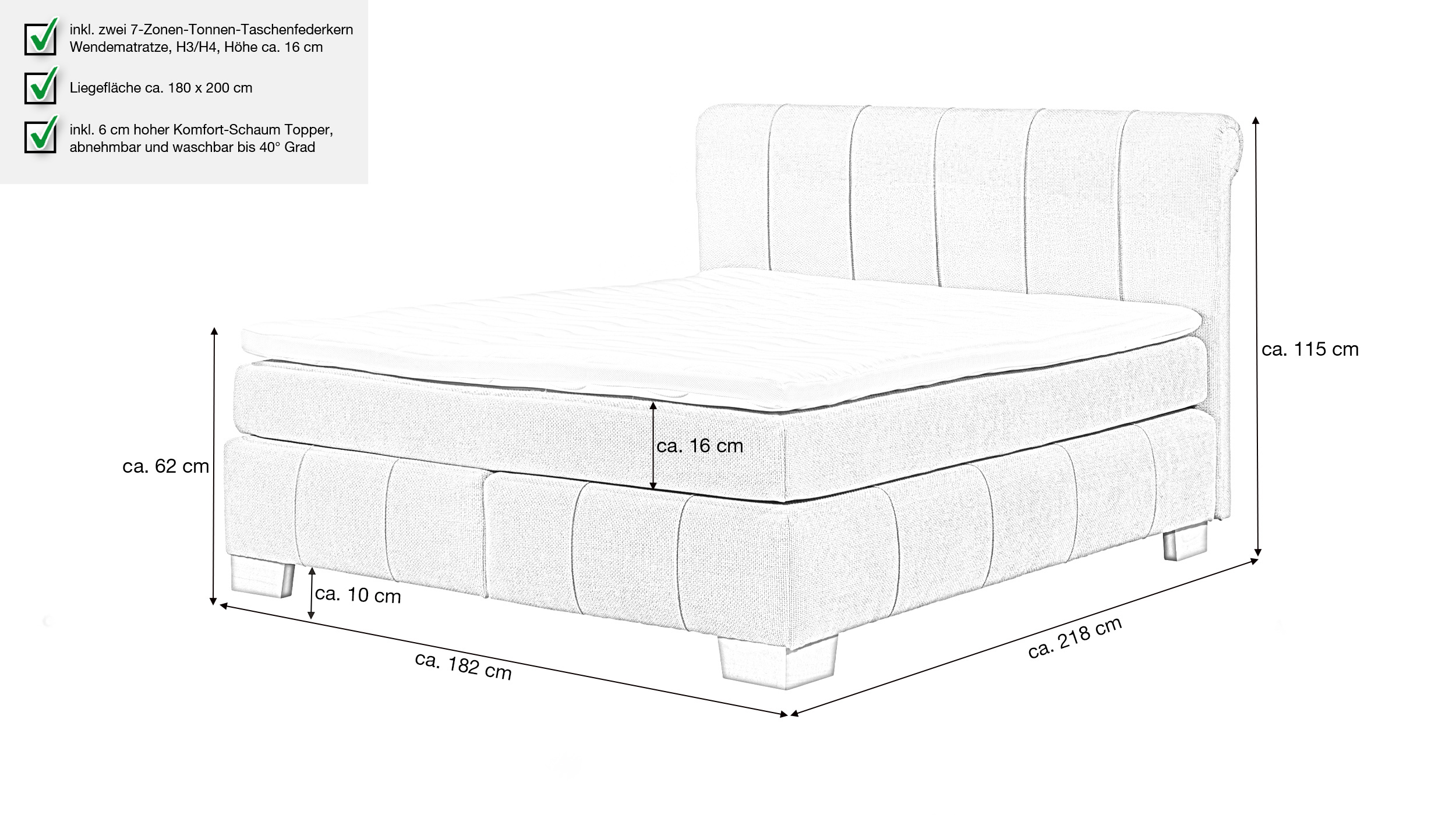 Boxspringbett 180 x 200 cm grau Webstoff - AVELINO