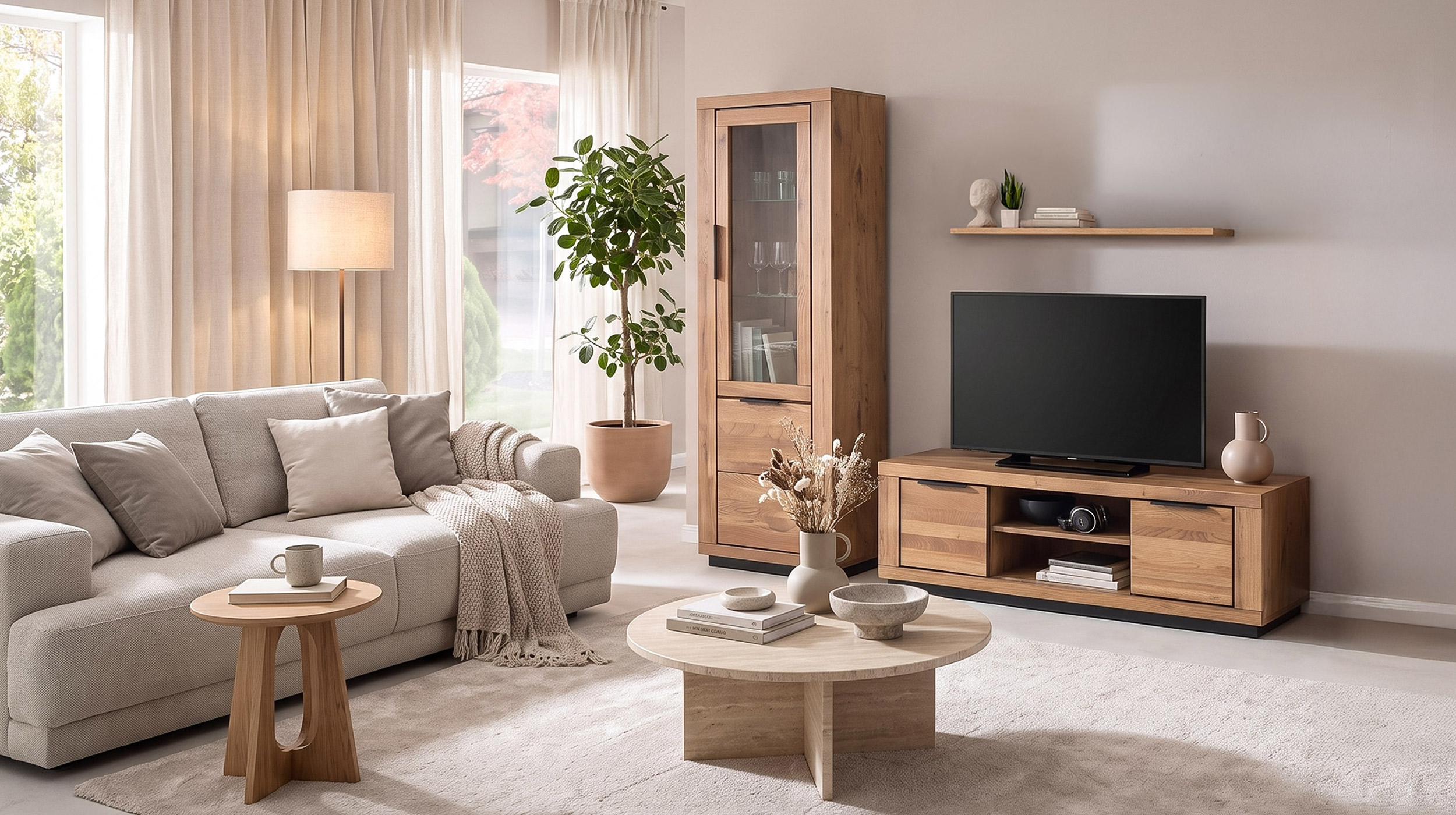 Wohnzimmer-Set Wildeiche 3-teilig mit Vitrine und TV-Lowboard - GRENO