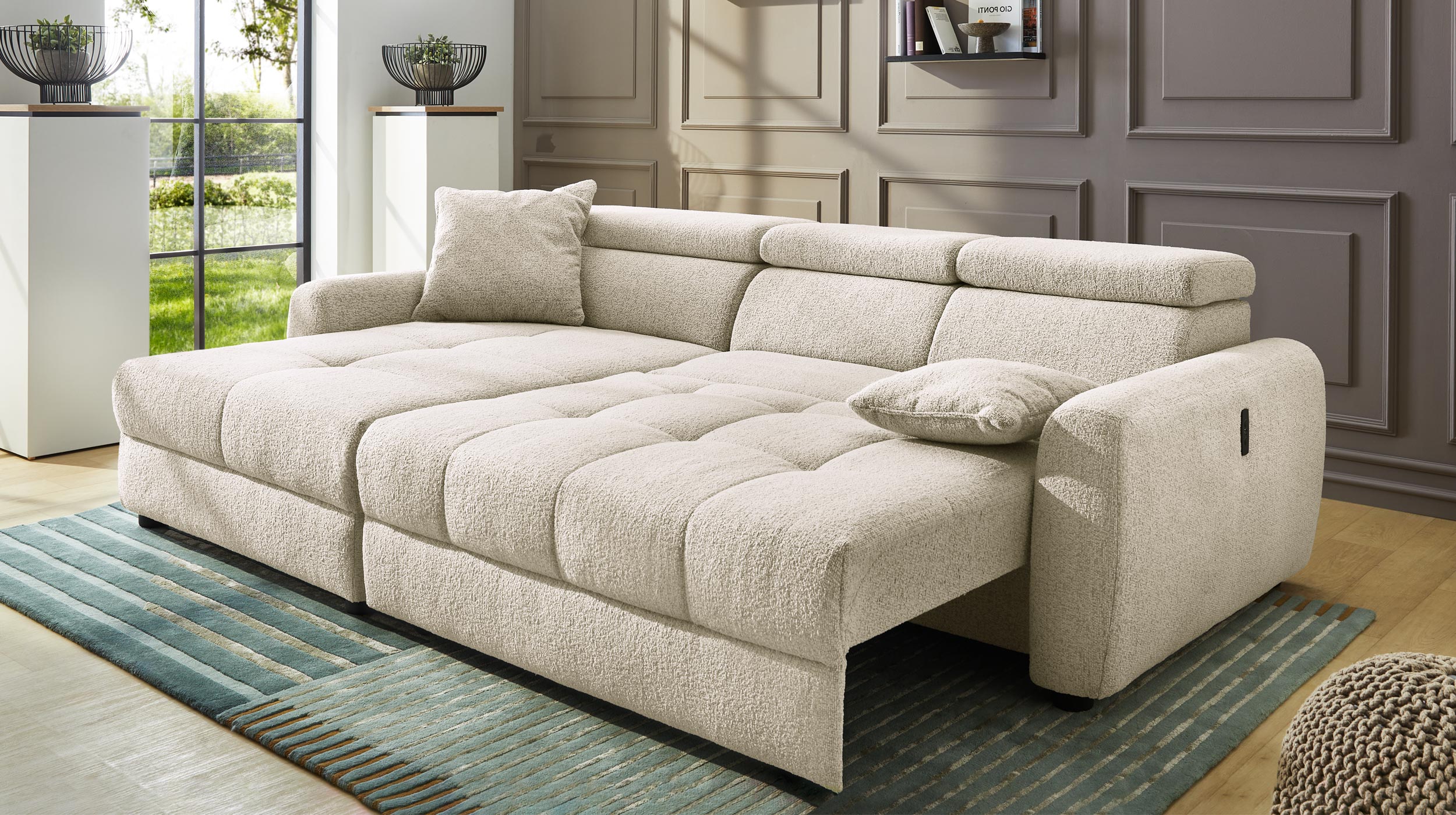 Ecksofa elektrisch ausfahrbar beige 270 cm - MOVE