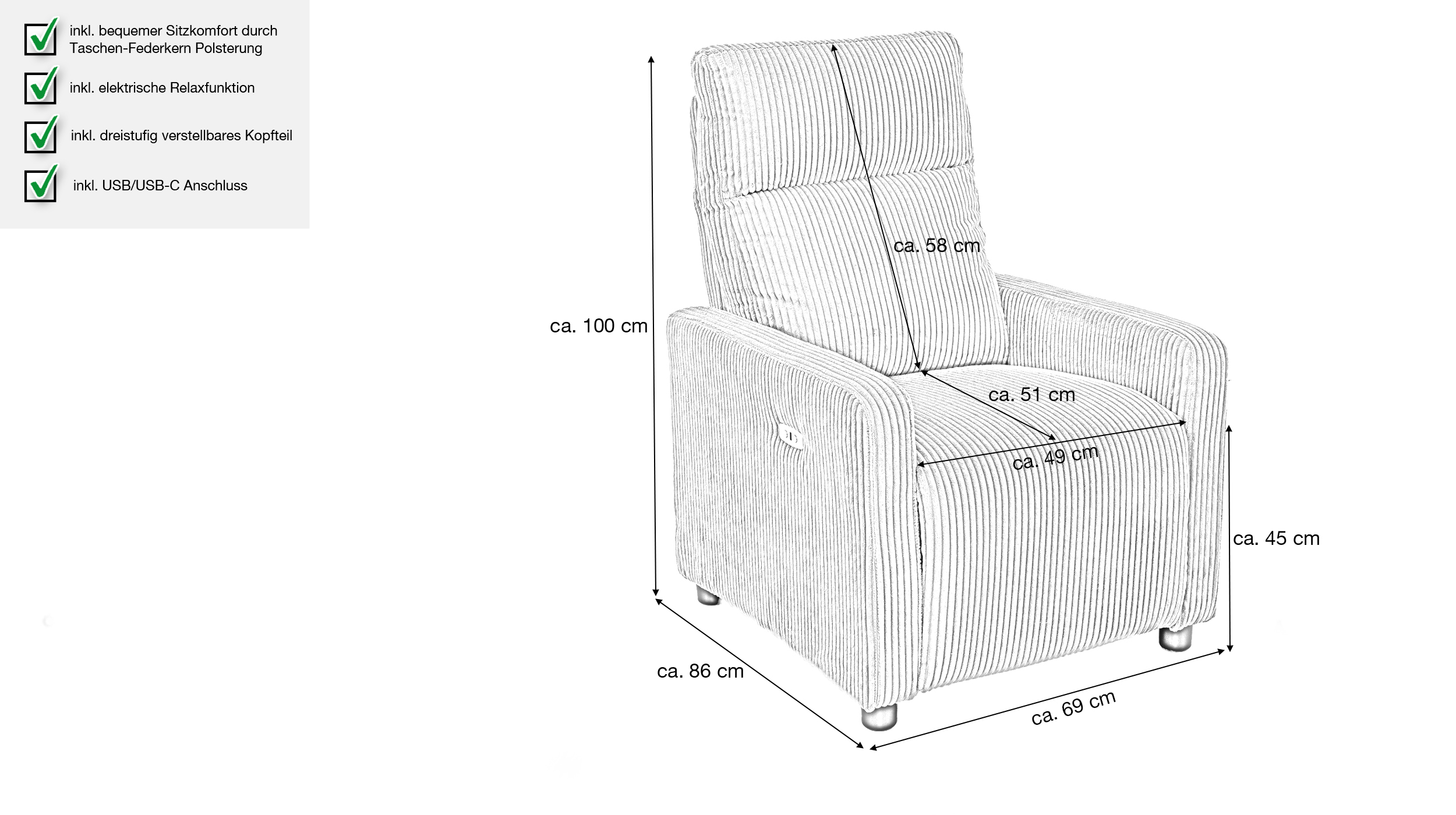 Fernsehsessel Cord grau mit Relaxfunktion - LIVANO