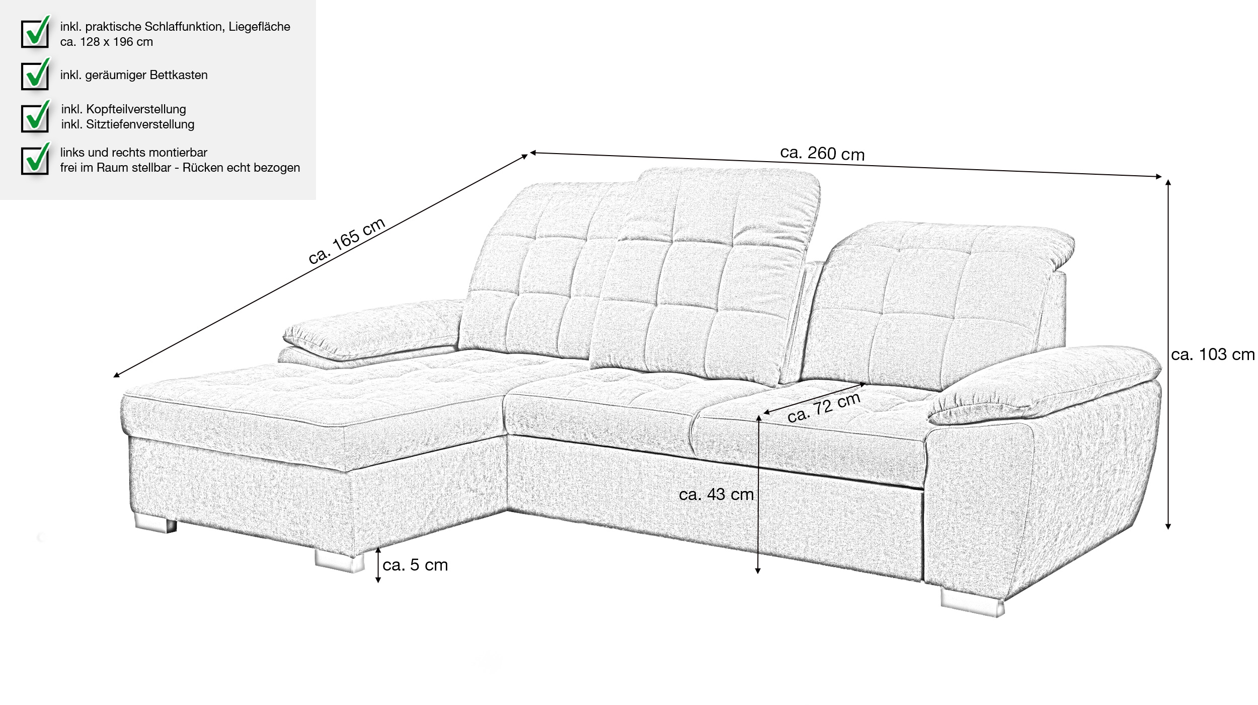 Ecksofa mit Schlaffunktion anthrazit 260 cm - Bettkasten - MAIKE