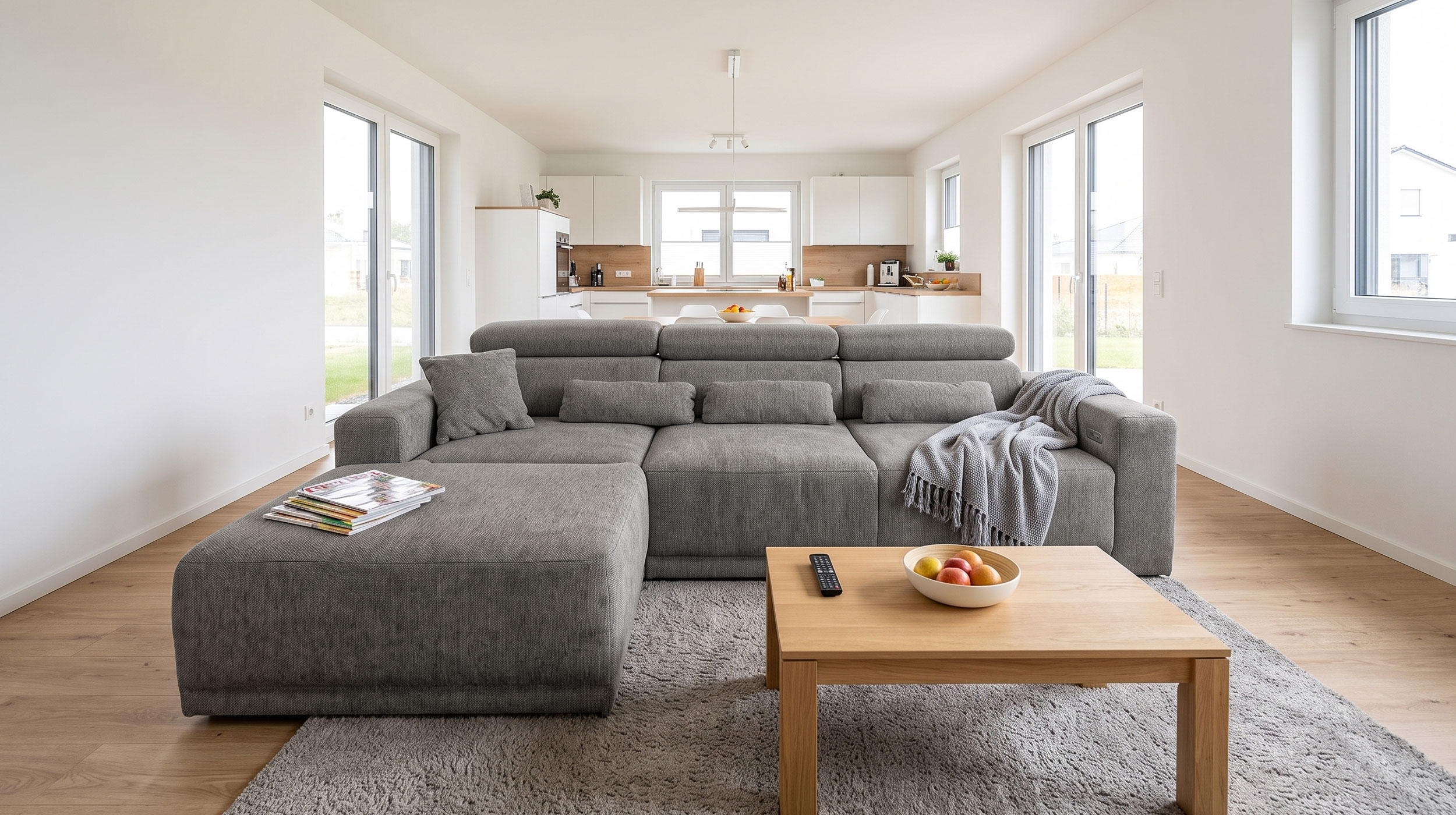 Ecksofa grau elektrisch ausfahrbar 285 cm - OT links - CASSIO 