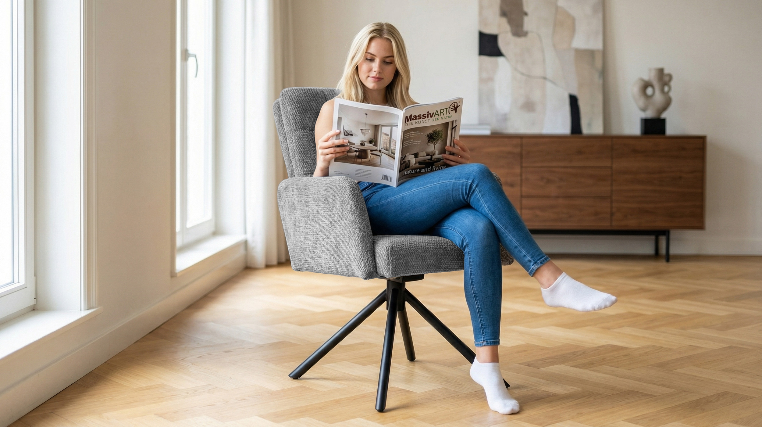 Armlehnstuhl grau Drehstuhl Taschenfederkern Chenille - HEDIA