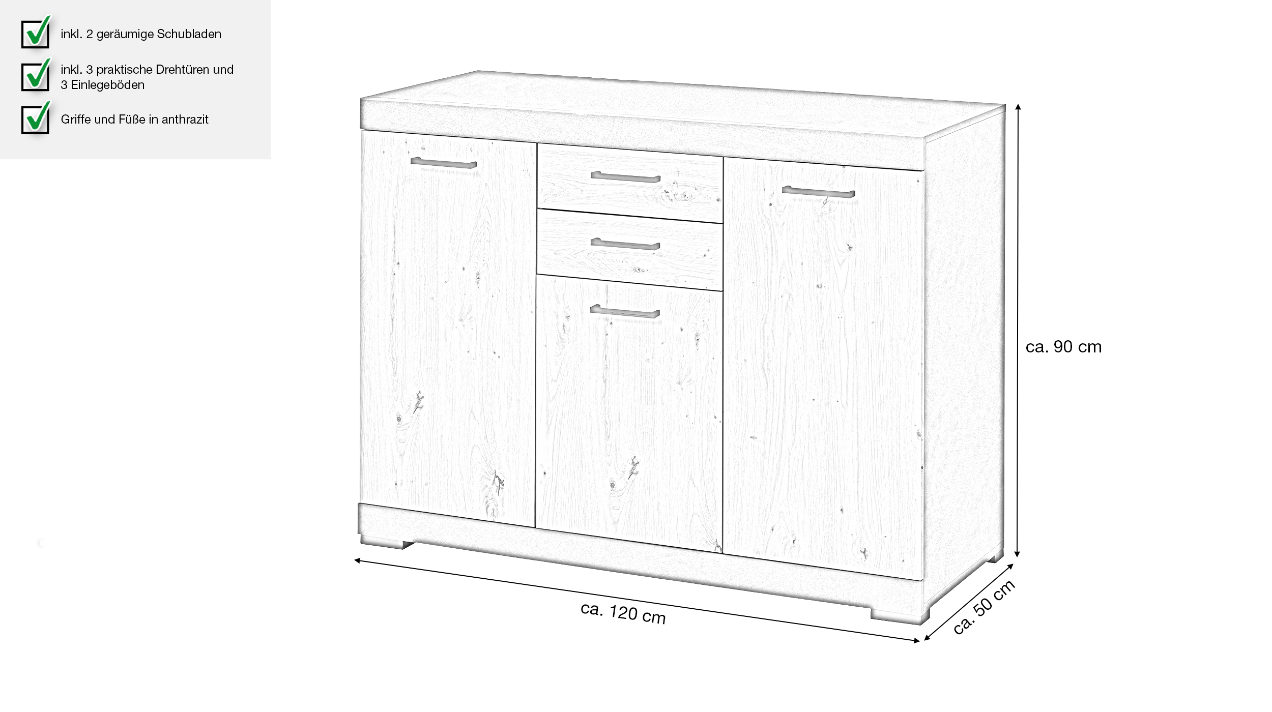 Kommode mit Schubladen anthrazit Artisan Eiche 120 cm - BRISTOL