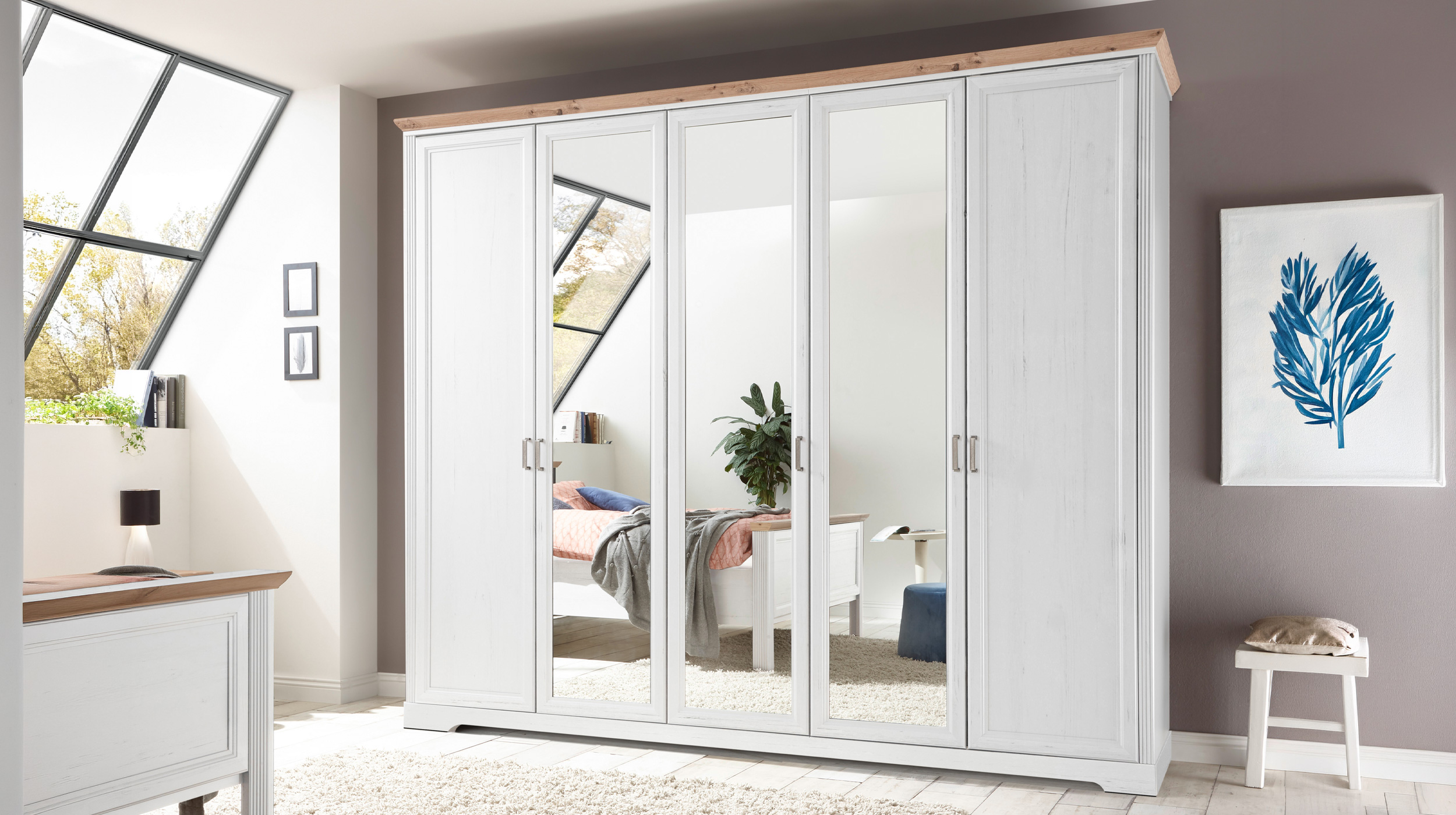 Kleiderschrank mit Spiegel - weiß - Artisan Eiche - 266 cm - JASMIN
