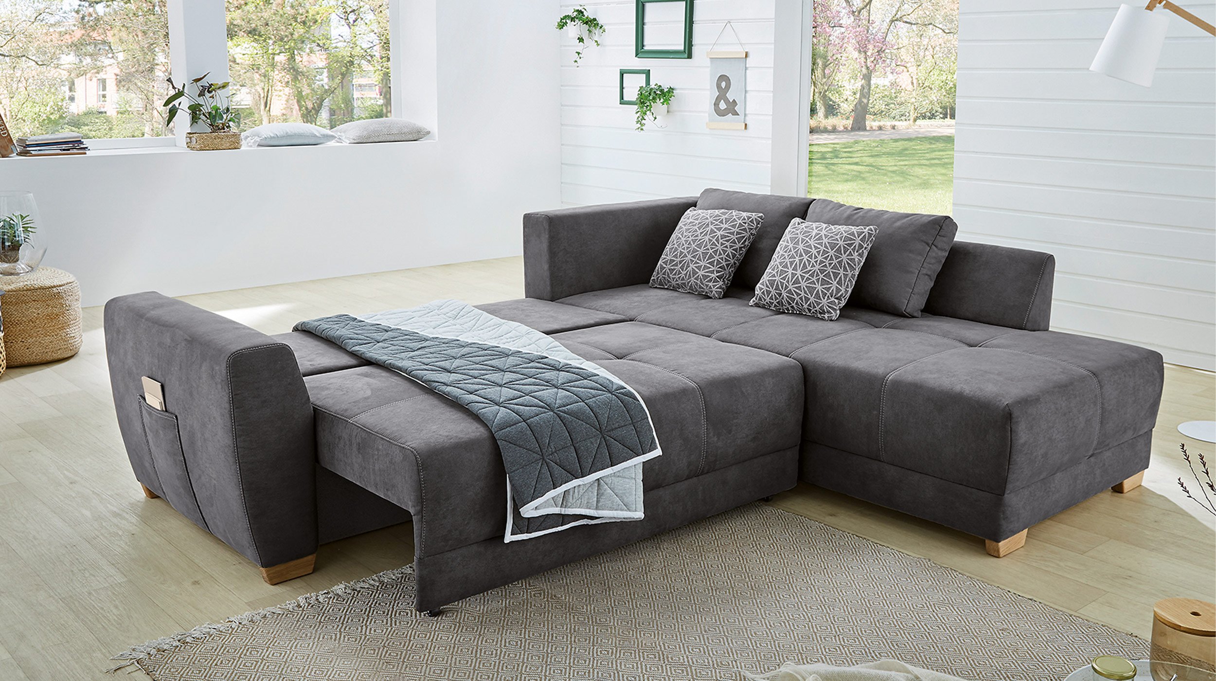Ecksofa mit Schlaffunktion anthrazit Bettkasten 254 cm - LUKE