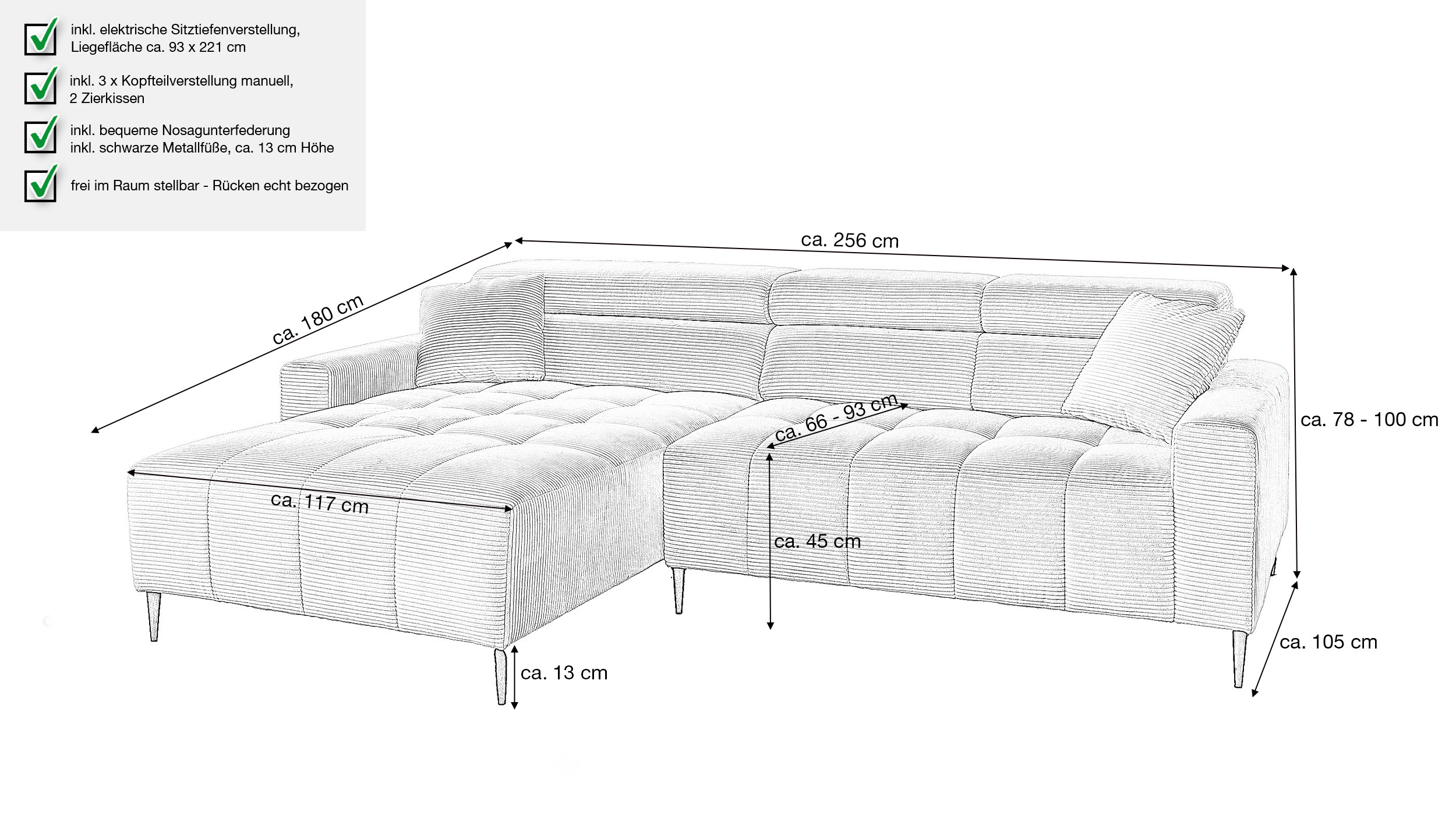 Ecksofa Cord grün elektrisch ausfahrbar 256 cm - OT links - SIMPLE