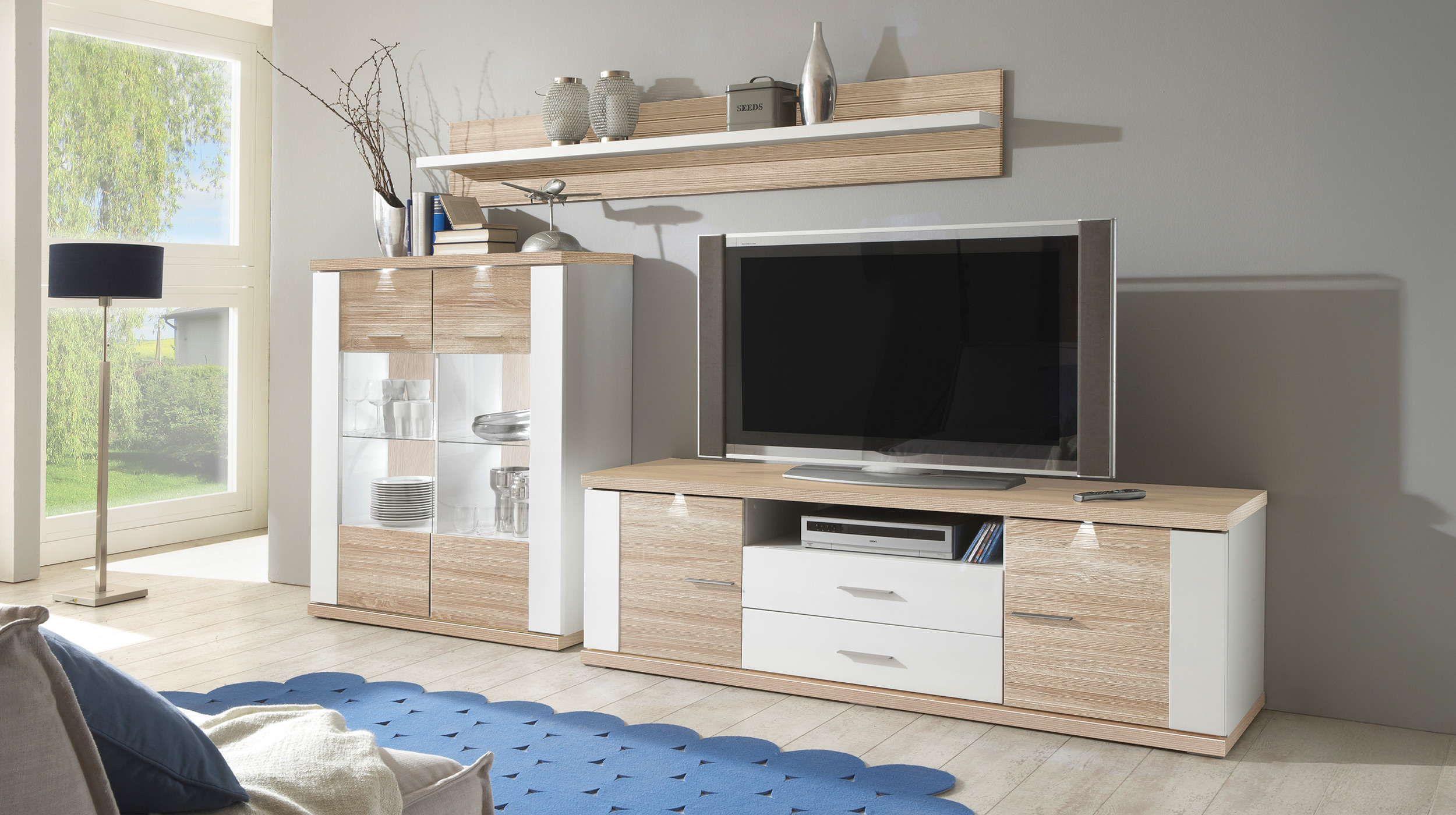 Wohnwand Eiche - weiß hochglanz 294 cm Beleuchtung - MANHATTAN 