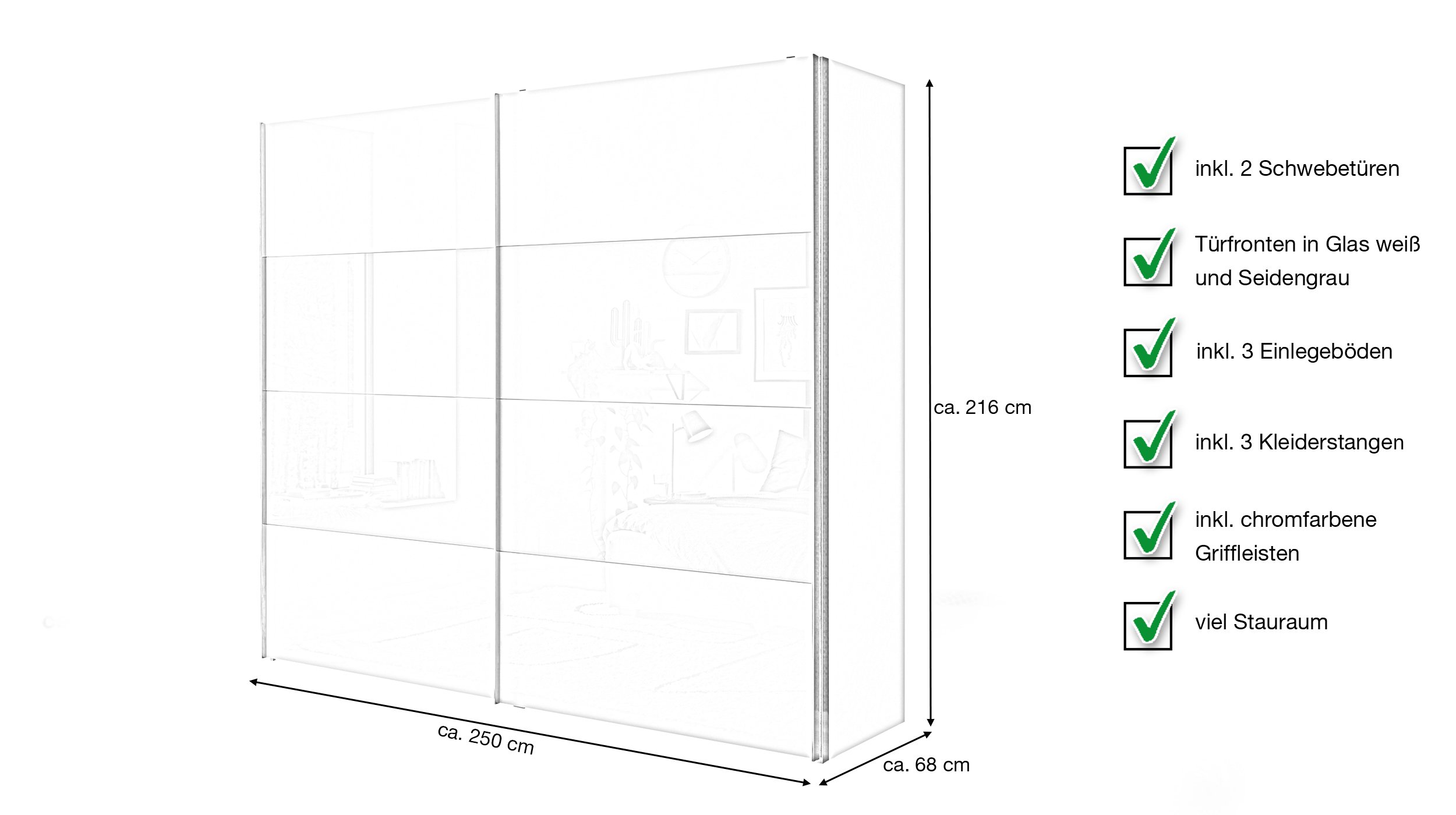 Schwebetürenschrank weiß 2-trg. Glasfront 250 cm - GOCH