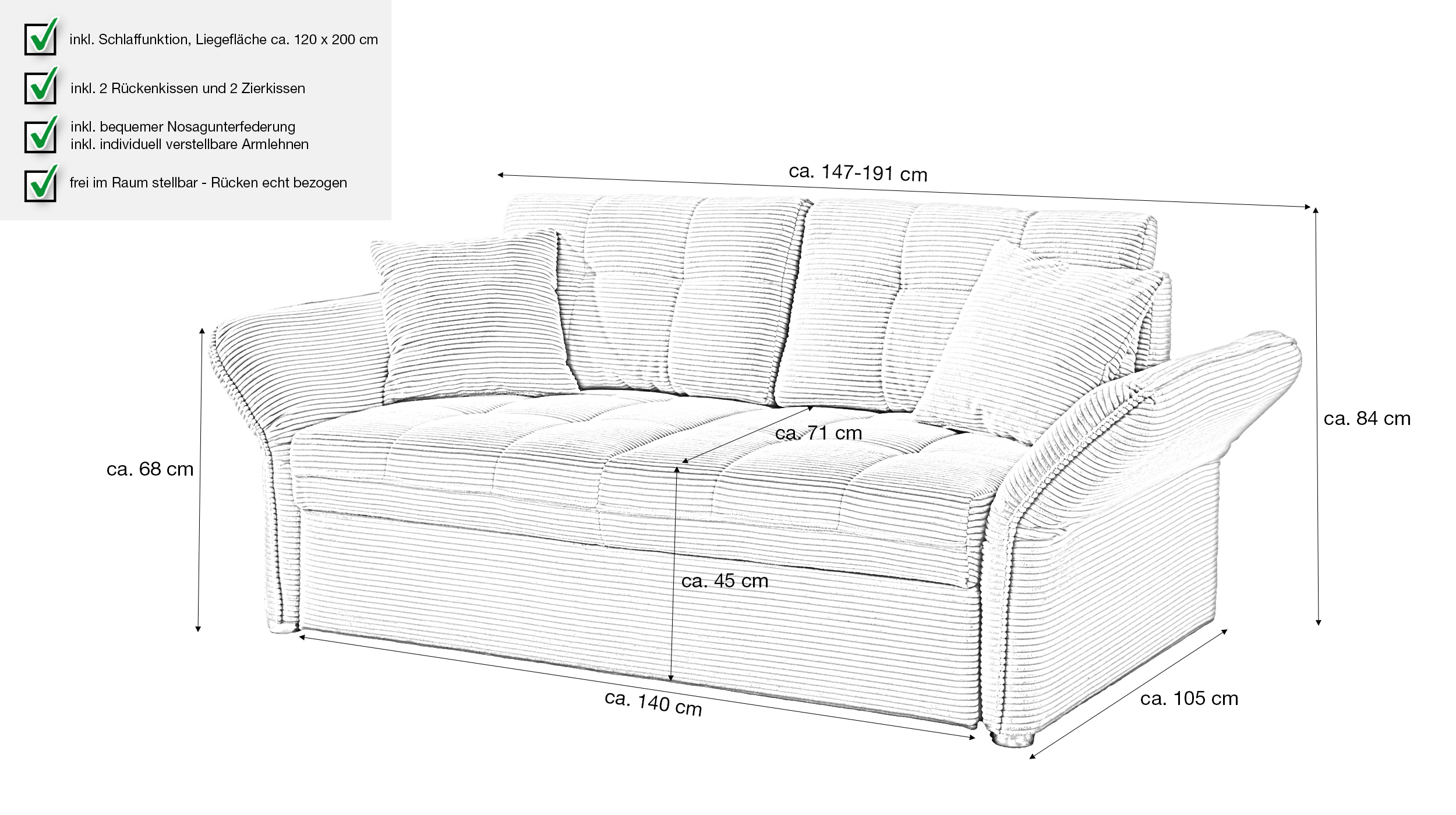 Schlafsofa Cord grau ausziehbar 147 x 105 cm - LEON