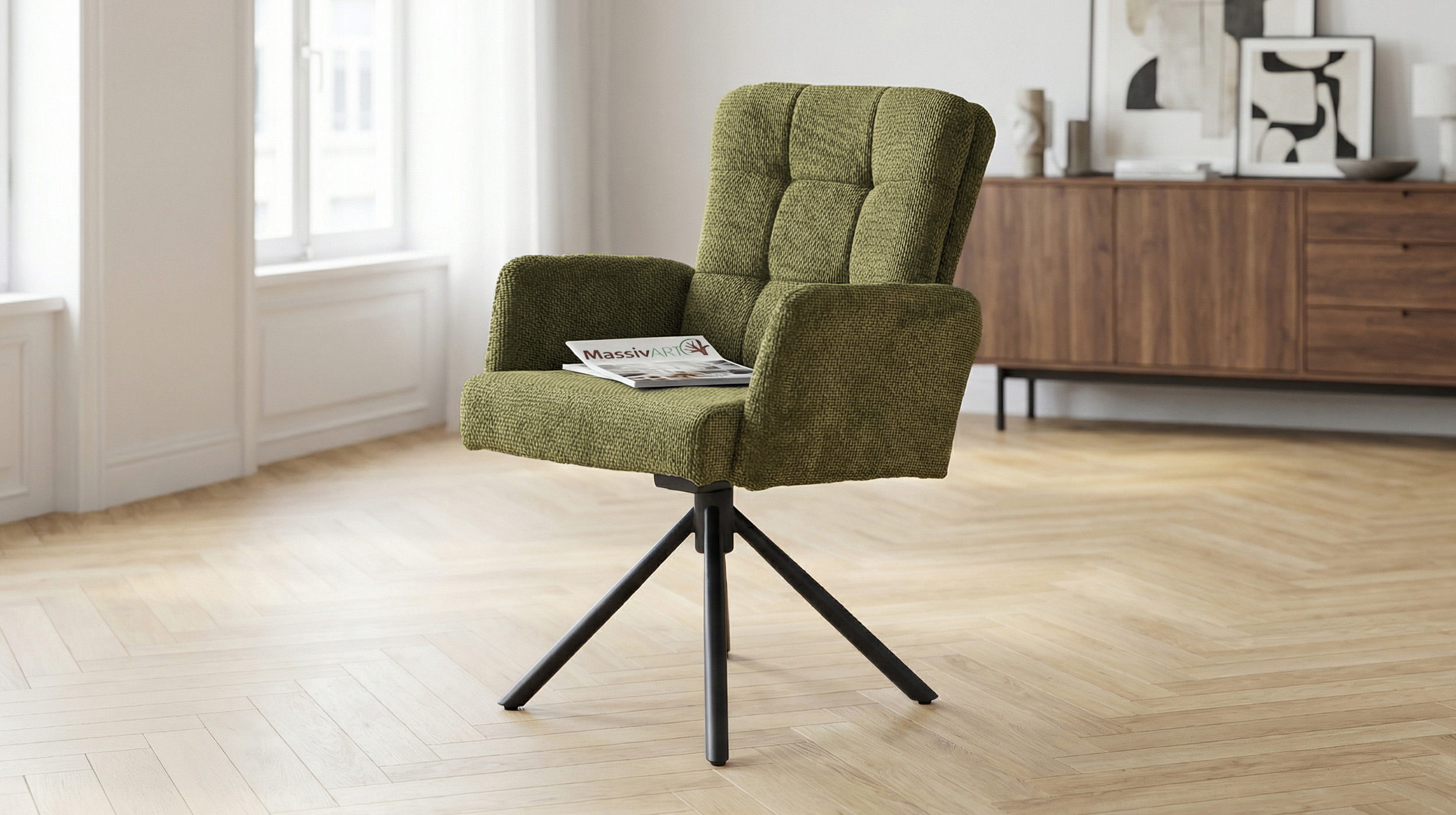 Armlehnstuhl grün Drehstuhl Taschenfederkern Chenille - HEDIA