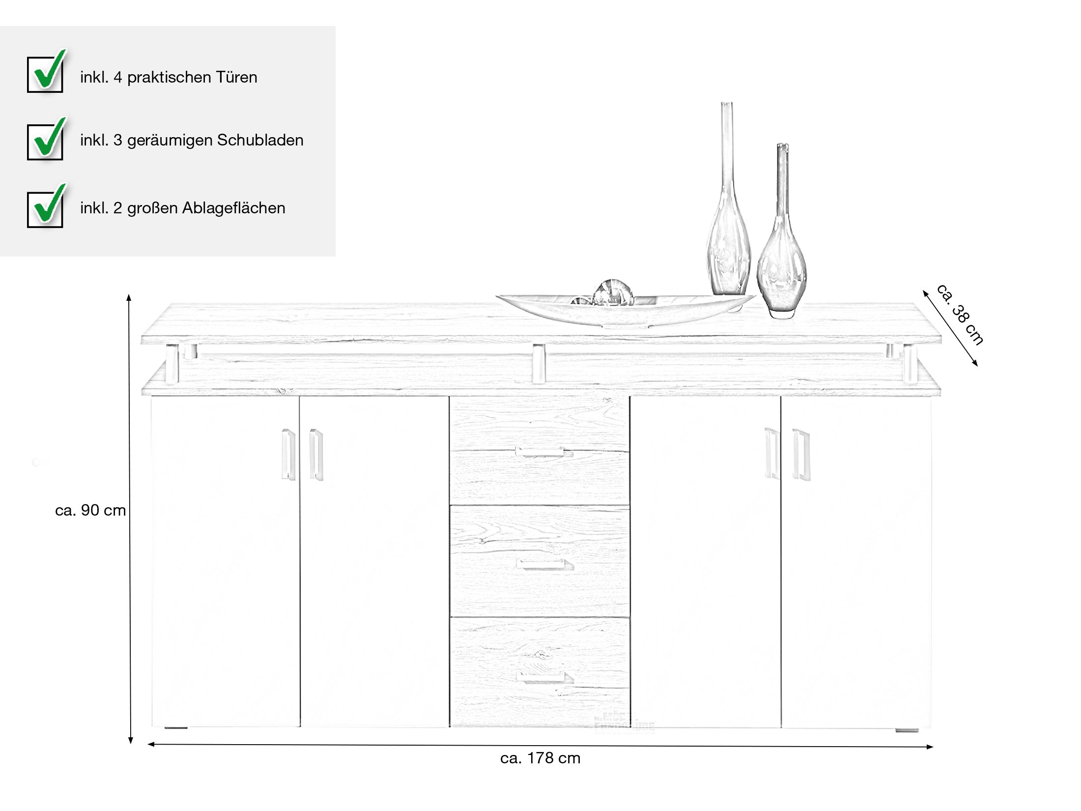 Sideboard San Remo Eiche - weiß 178 cm 3 Schubladen - LIFT