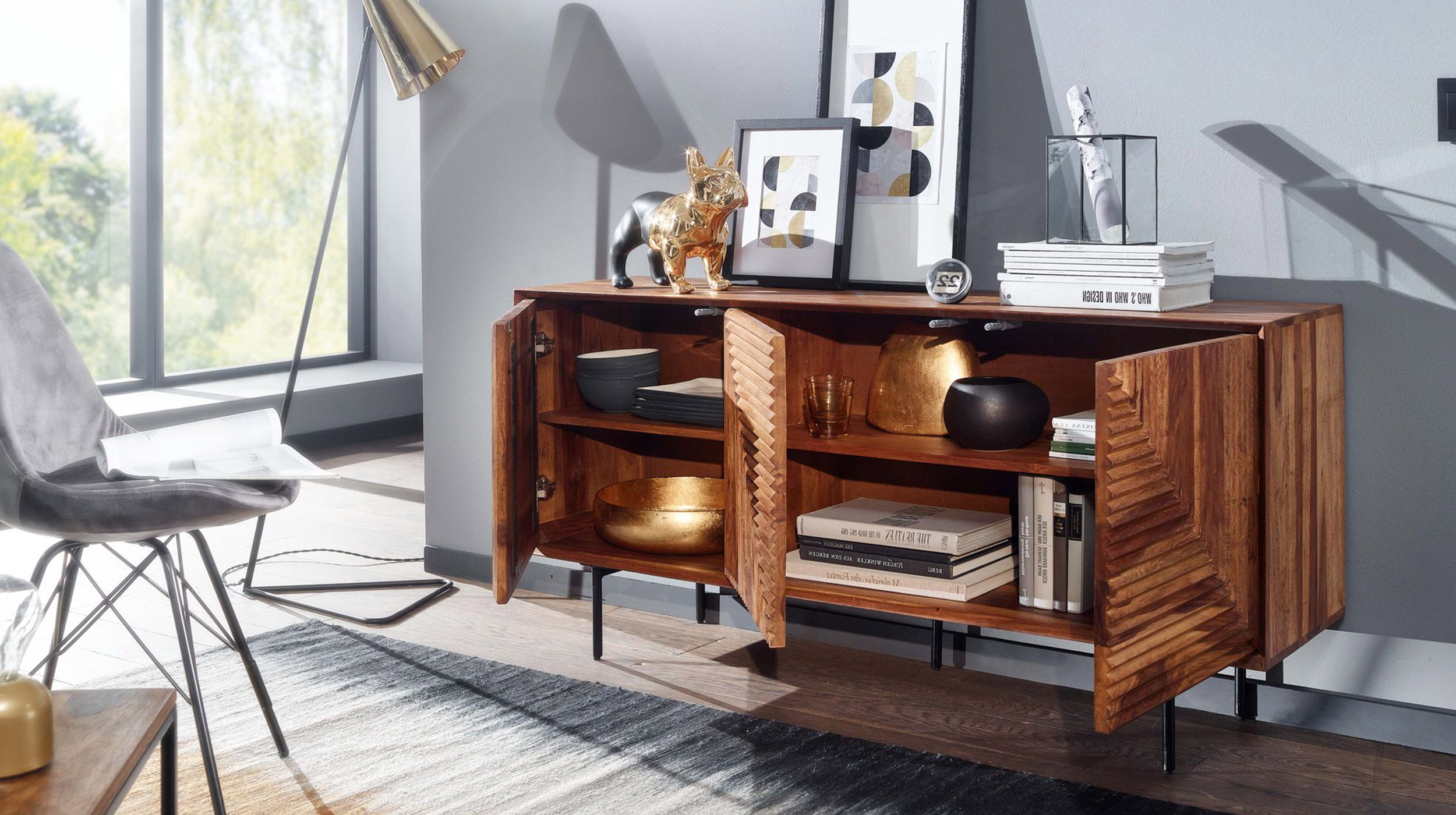 Sideboard Sheesham massiv 148 x 40 cm 3-türig -  DAINA