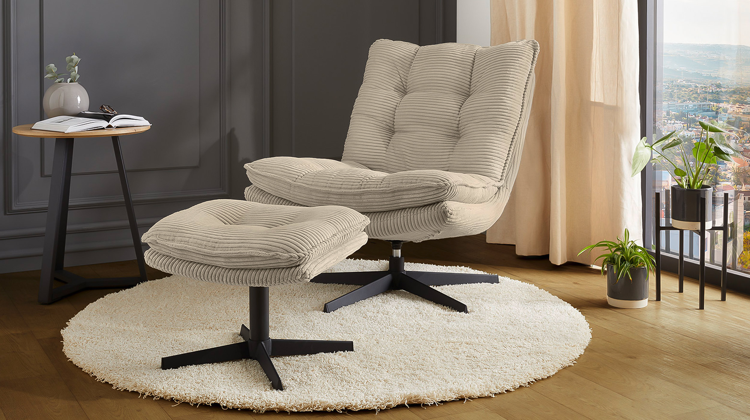 Relaxsessel mit Hocker grau Cord - drehbar - KASPER