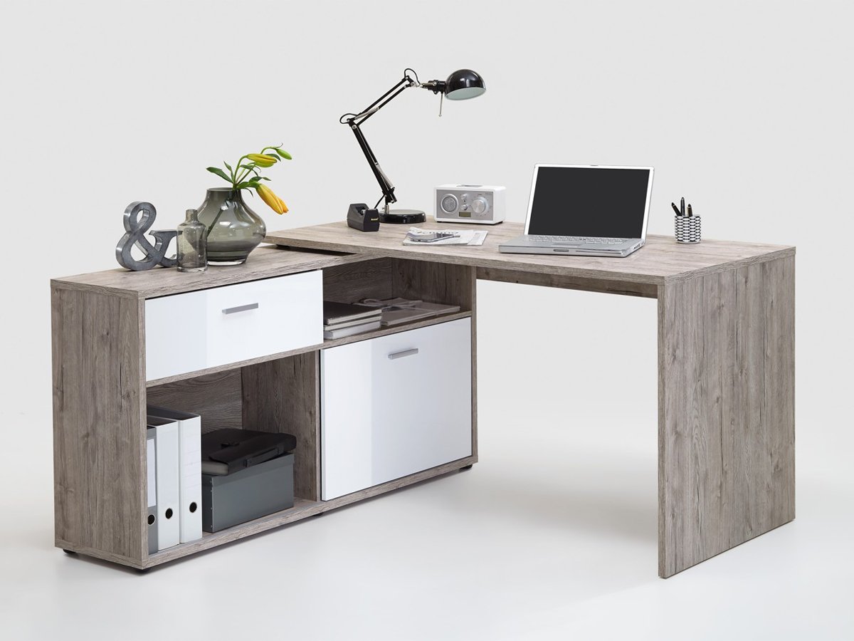 Eck-Schreibtisch Sandeiche - weiß Winkelkombination - DIEGO