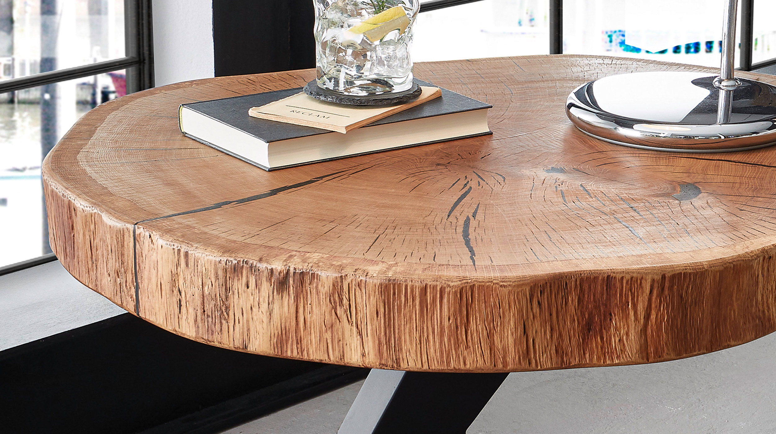 Couchtisch rund Baumscheibe Eiche massiv 75 x 45 cm - BILOXI