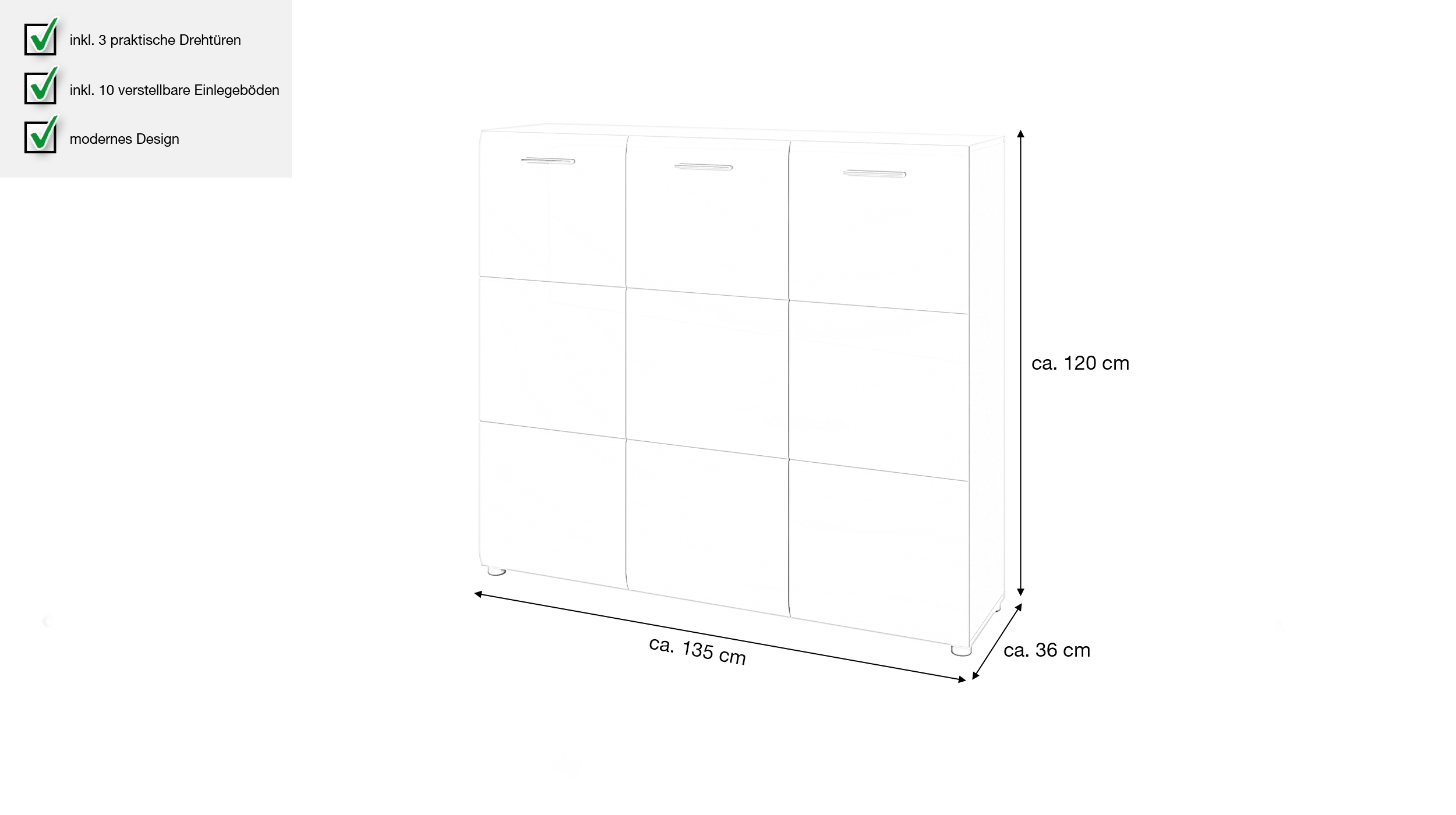 Schuhschrank weiß hochglanz 135 cm x 120 cm - MERANO