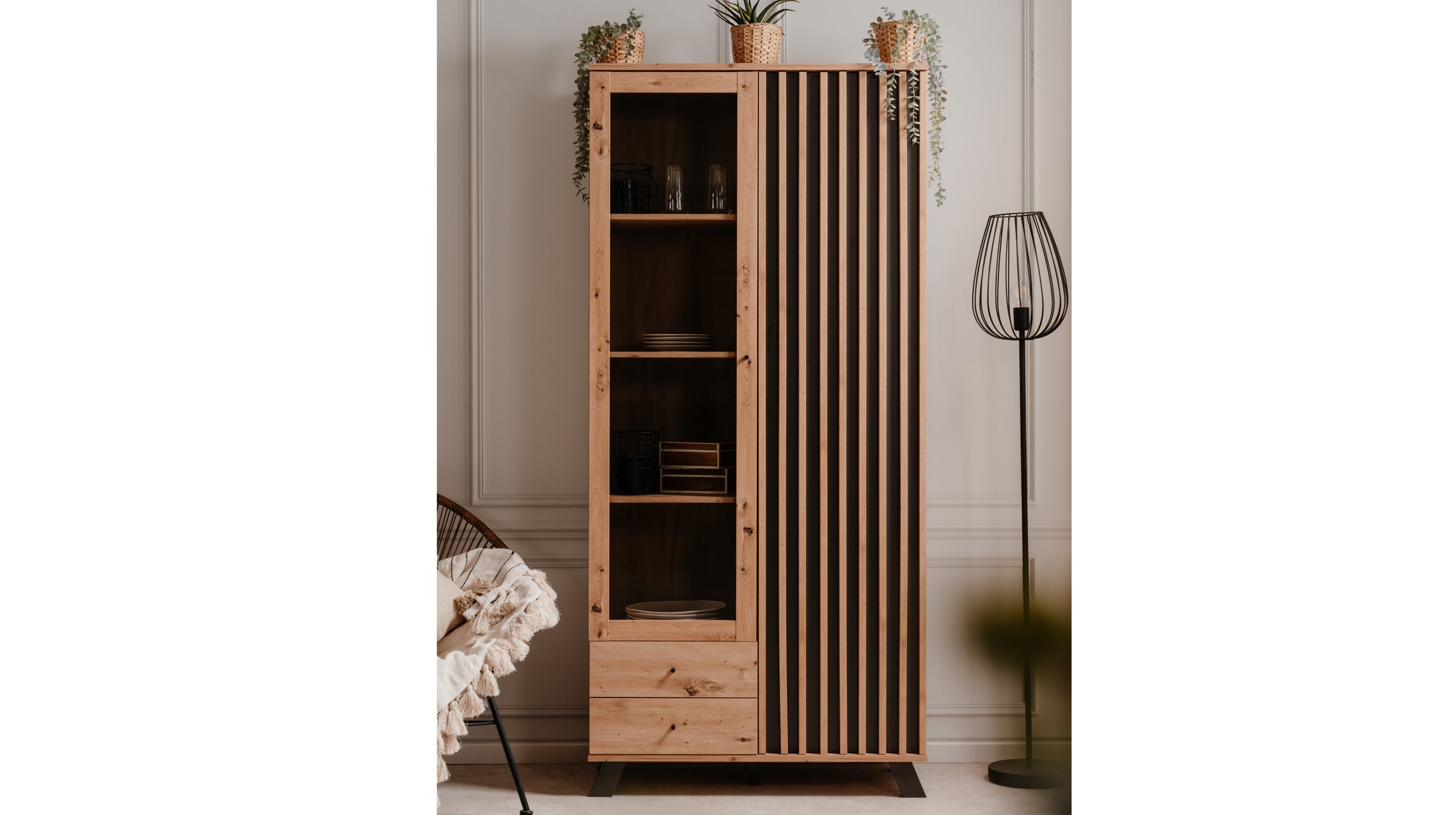 Vitrine mit Glastür Artisan Eiche - anthrazit Breite 92 cm - MEDAN