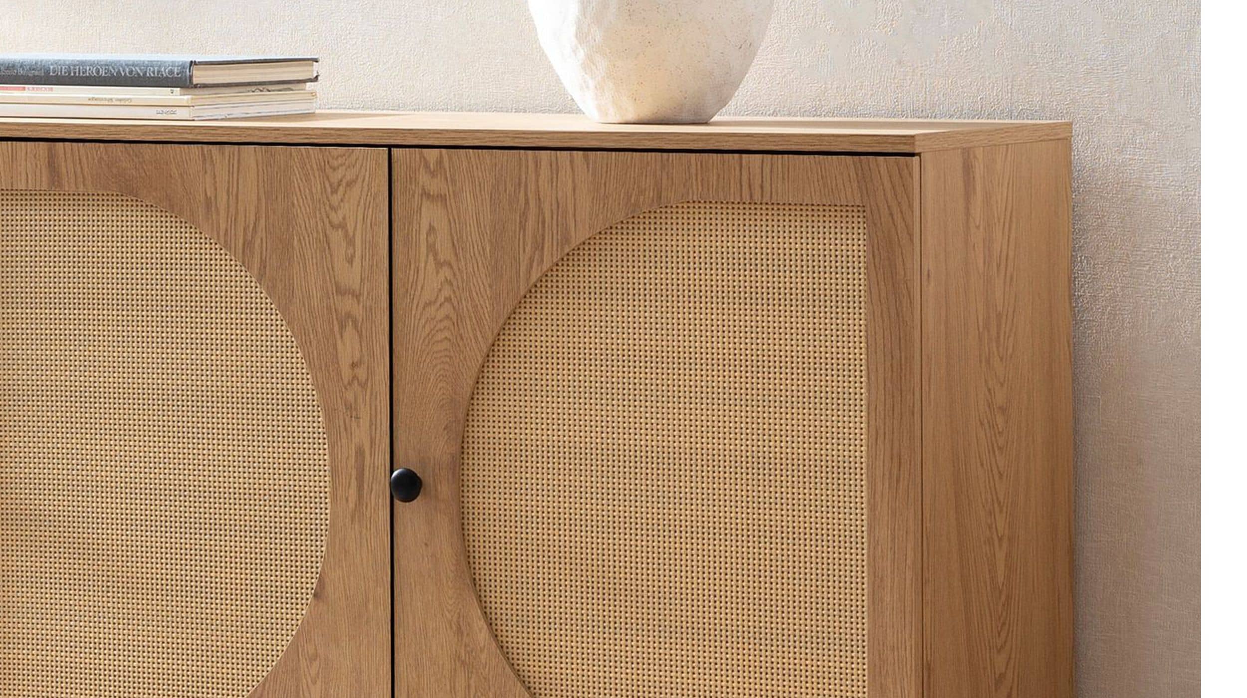 Sideboard Eiche Holzdekor - Rattan 140 cm - 3-türig - RATVAN