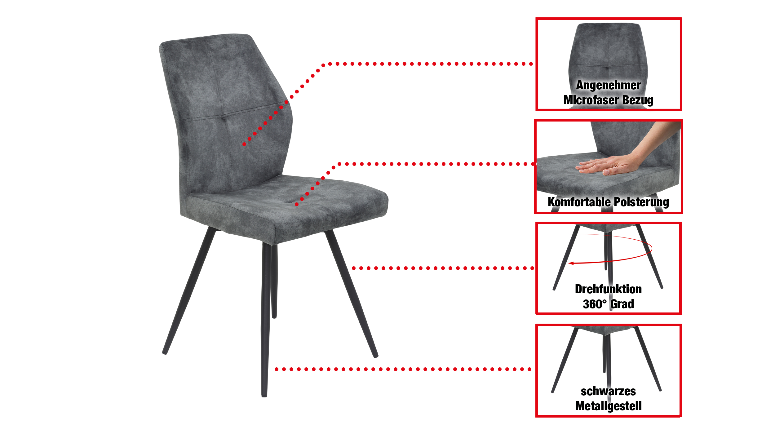 Polsterstuhl anthrazit Metallgestell - Microfaser - drehbar - ALLY